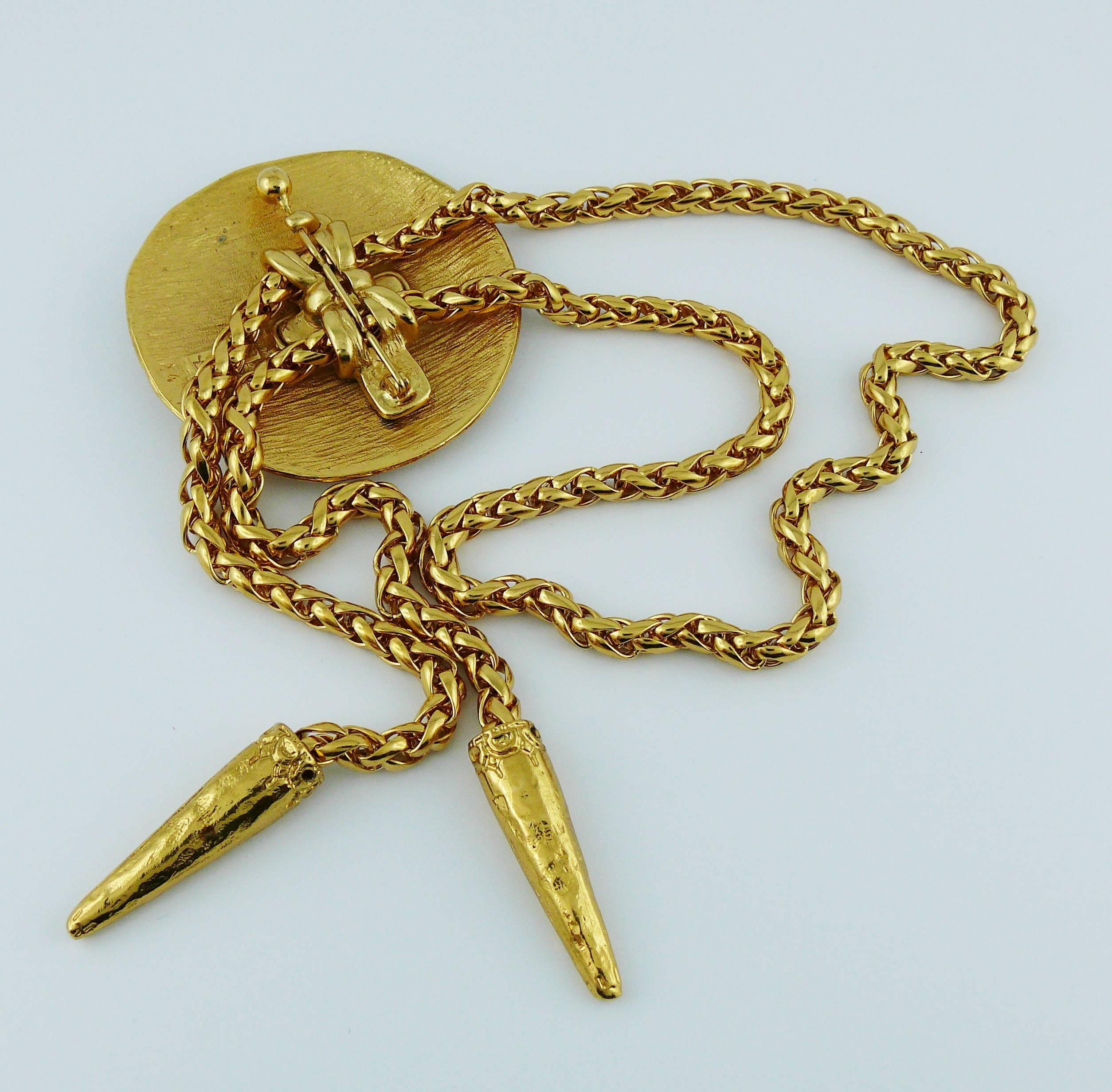 Women's Yves Saint Laurent YSL Vintage Gold Toned Ethnic Disc Lariat Necklace
