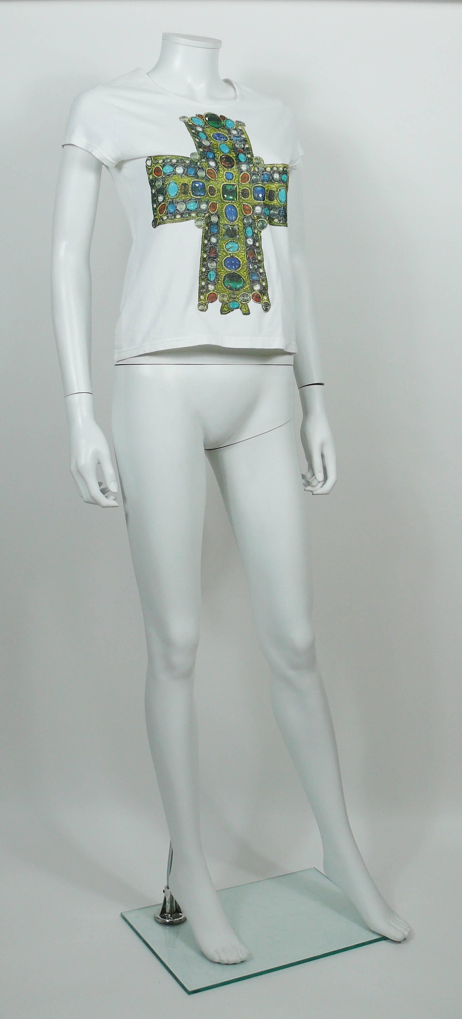 CHRISTIAN LACROIX vintage white t-shirt featuring an iconic large jewelled cross print.

Label reads 15 CHRISTIAN LACROIX.

Composition tag reads : 95% Cotton / 5% Elastane.

Size tag reads S.
Please refer to measurements.

Indicative measurements