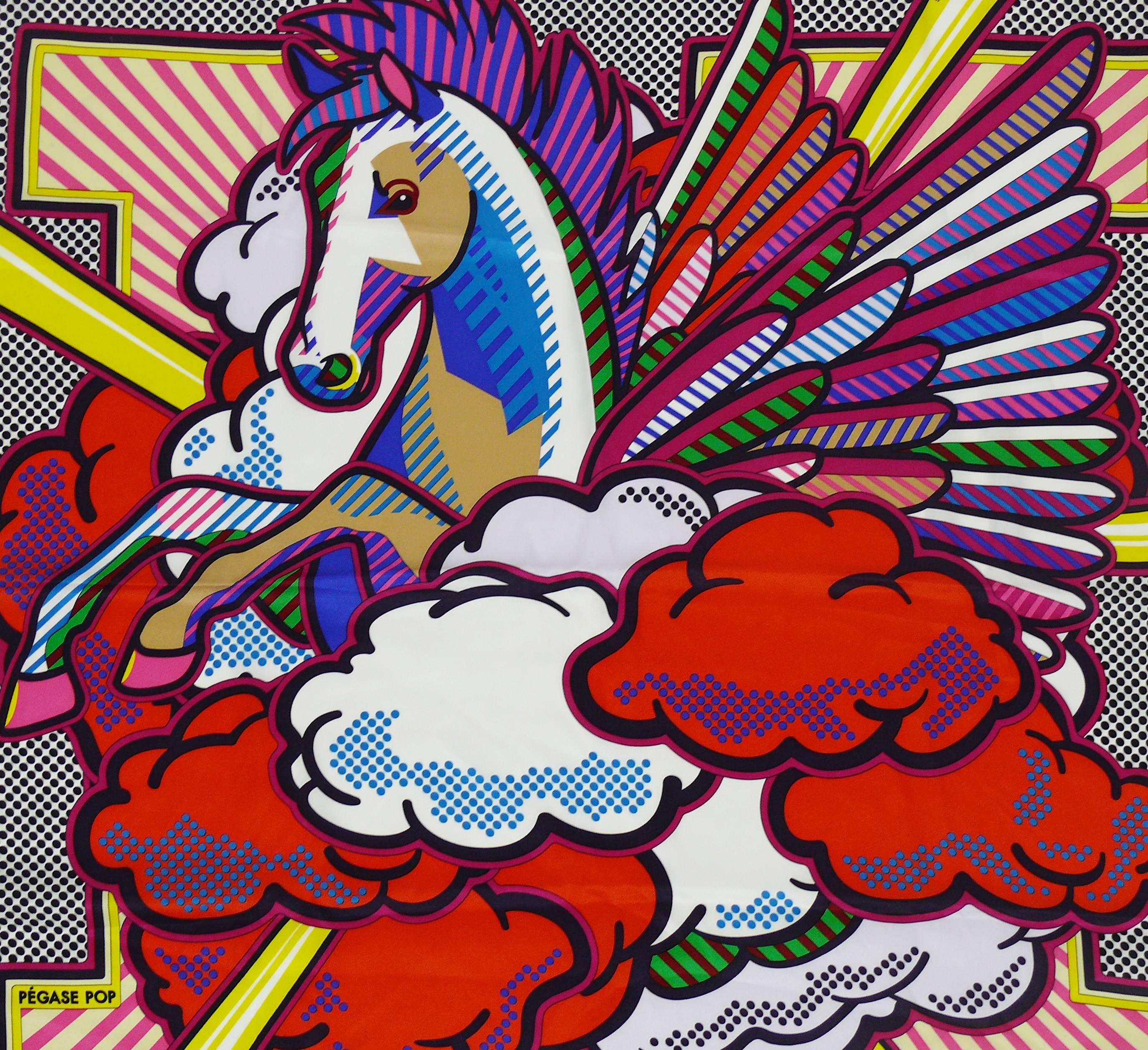 HERMES rare silk scarf "Pegase Pop" designed by DIMITRI RYBALTCHENKO featuring an opulent equestrian design with vibrant pop colors.

Issue date : 2015.

Marked © HERMES .

Composition and care tag attached.

Indicative measurements :