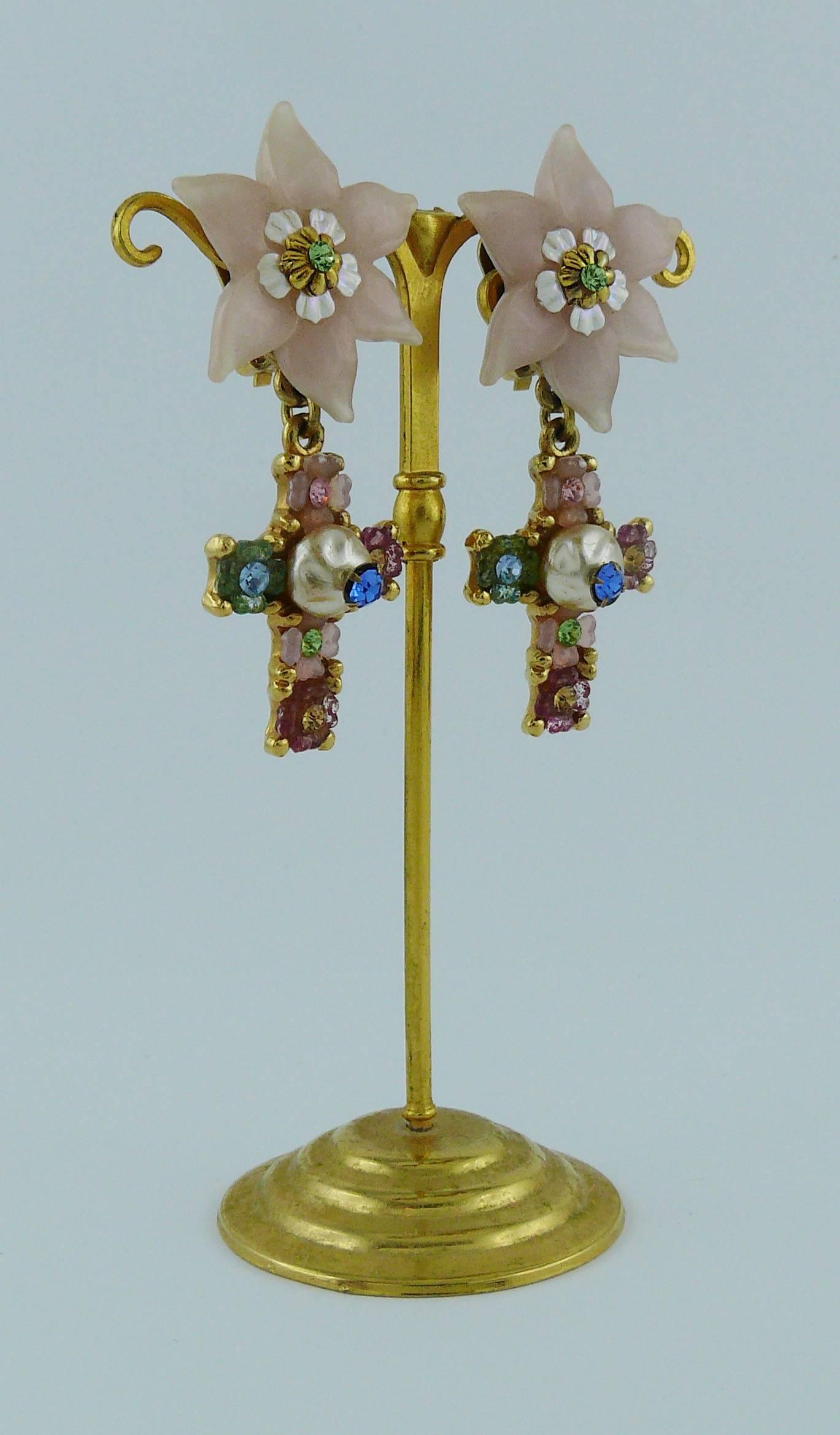 Christian Lacroix Vintage Jewelled Flower Cross Dangling Earrings  In Excellent Condition In Nice, FR