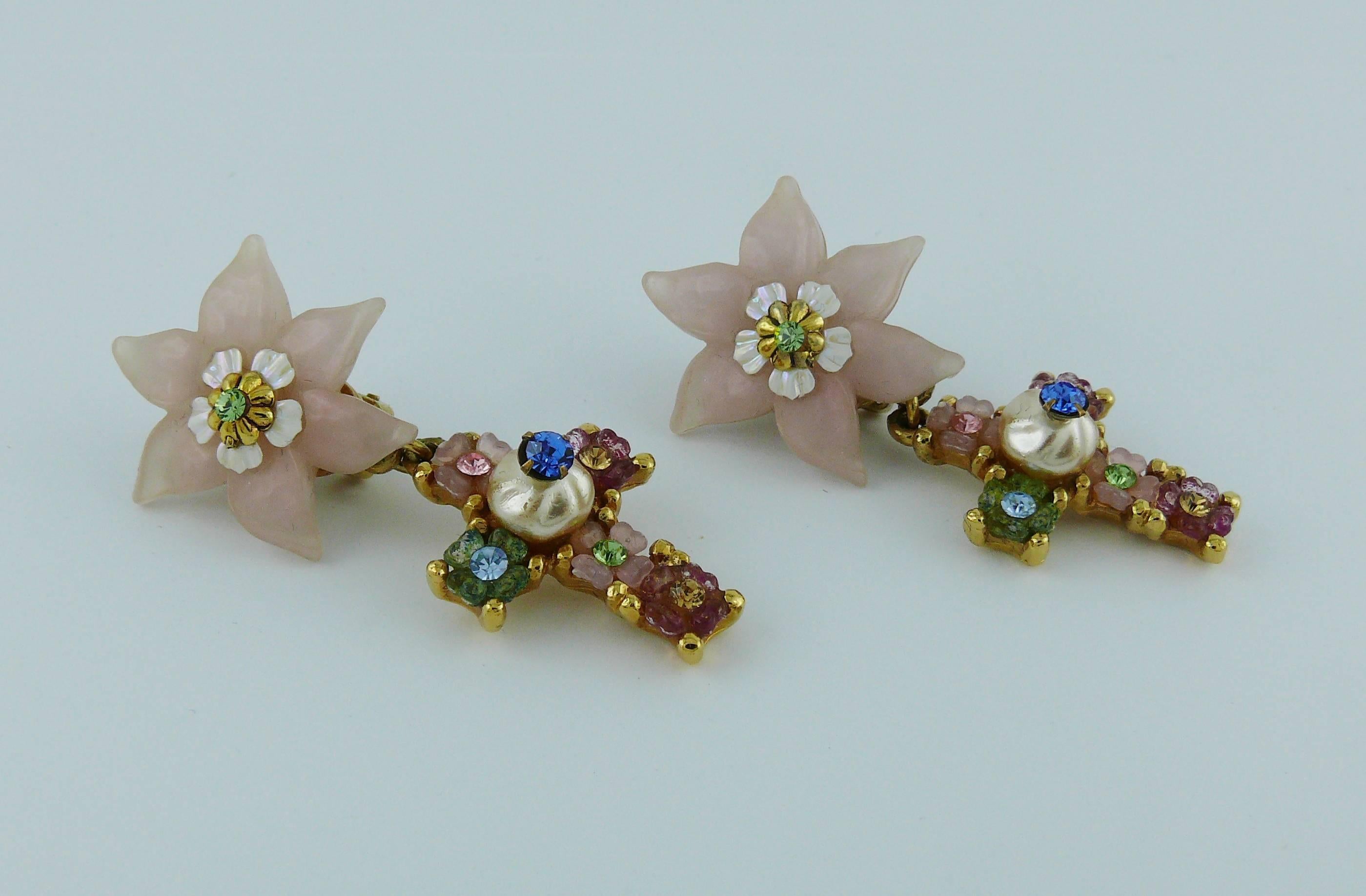 Christian Lacroix Vintage Jewelled Flower Cross Dangling Earrings  2