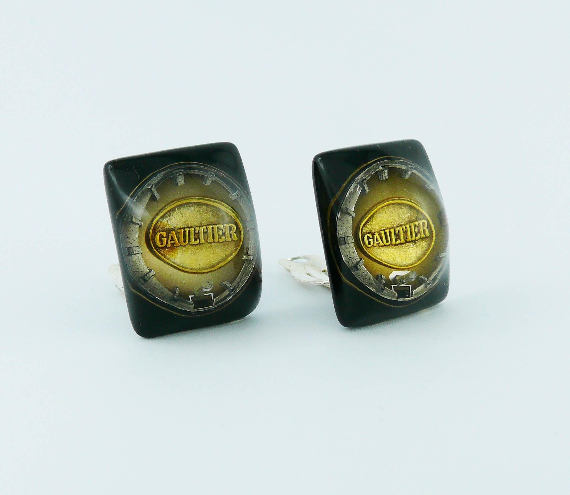Jean Paul Gaultier Vintage Steampunk Clock Dial Resin Clip-On Earrings In Excellent Condition For Sale In Nice, FR