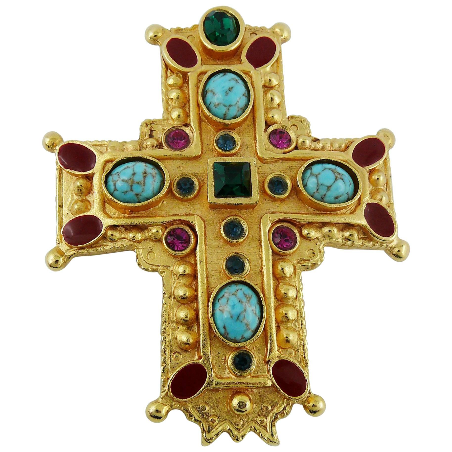 Christian Lacroix Vintage Massive Jewelled Gold Tone Cross Brooch Pendant