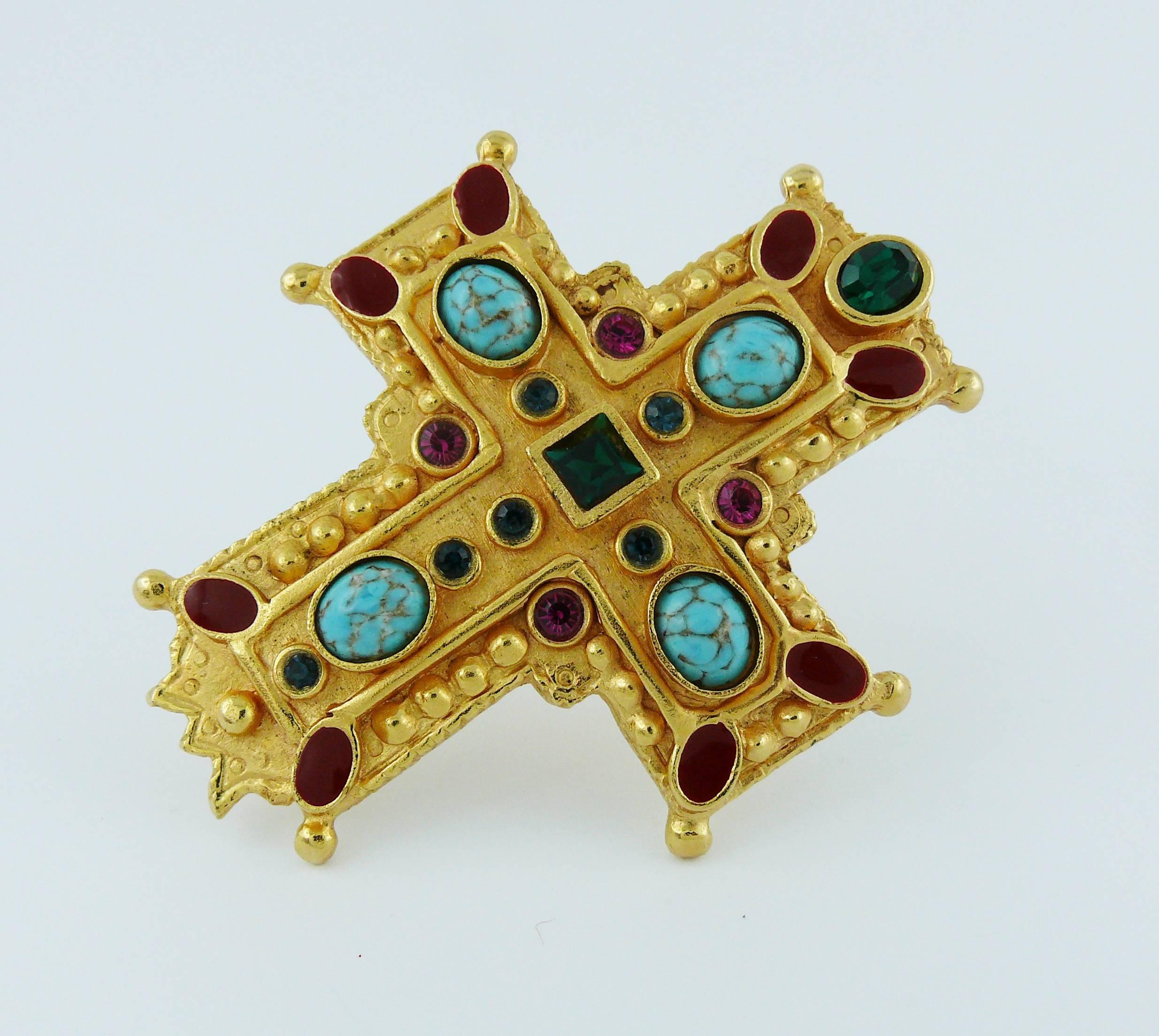 Women's Christian Lacroix Vintage Massive Jewelled Gold Tone Cross Brooch Pendant