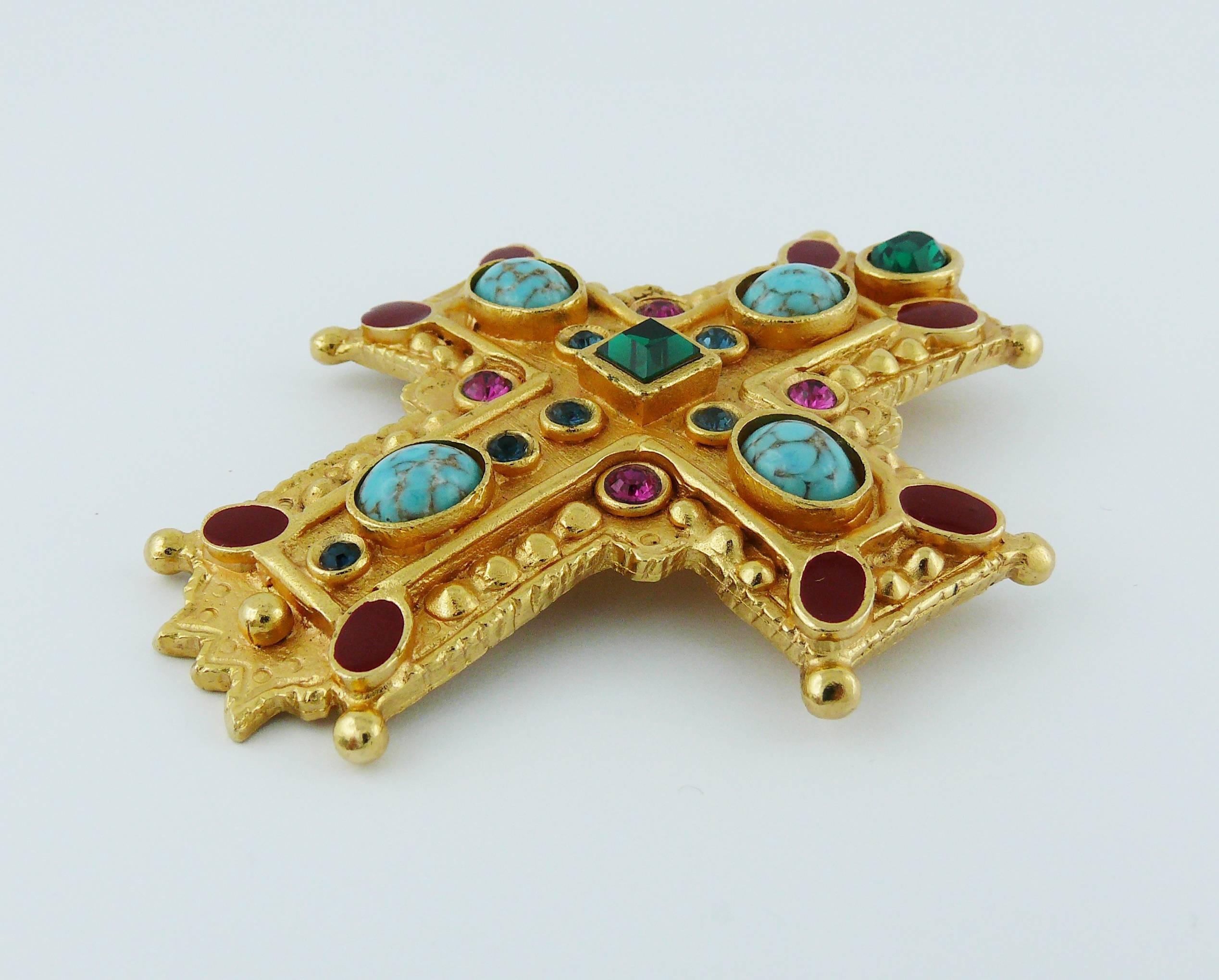Christian Lacroix Vintage Massive Jewelled Gold Tone Cross Brooch Pendant 1