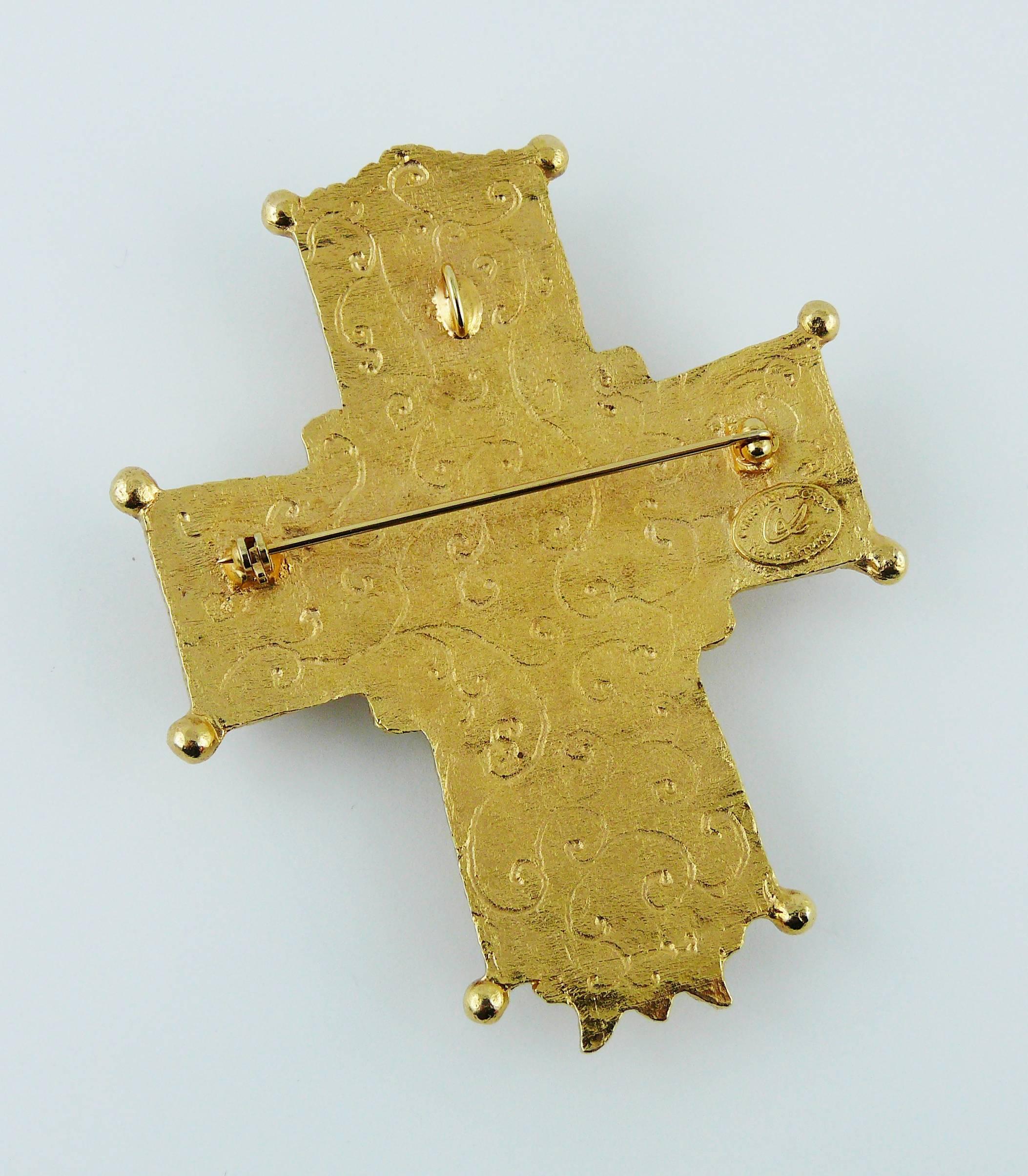Christian Lacroix Vintage Massive Jewelled Gold Tone Cross Brooch Pendant 3
