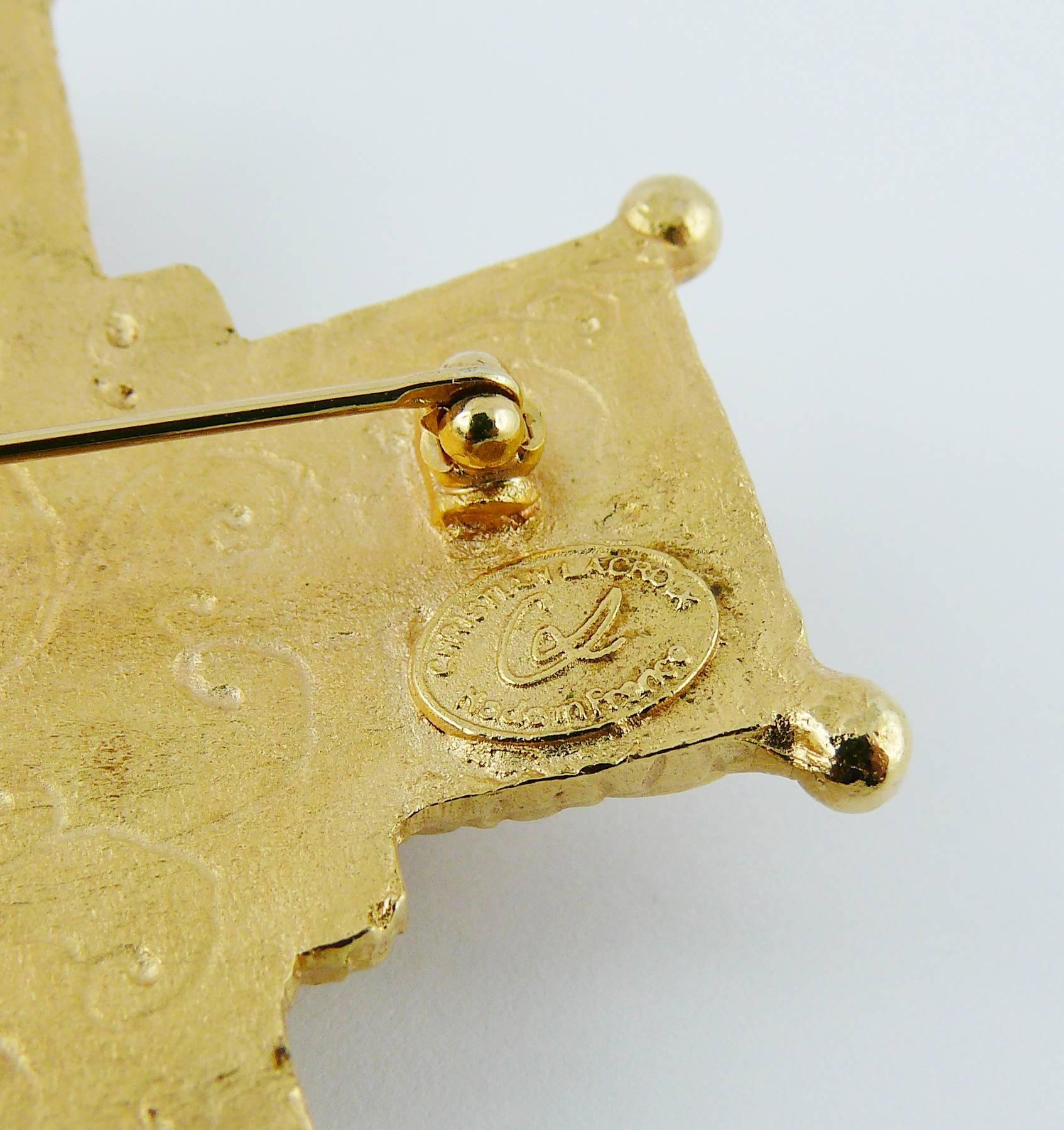 Christian Lacroix Vintage Massive Jewelled Gold Tone Cross Brooch Pendant 4