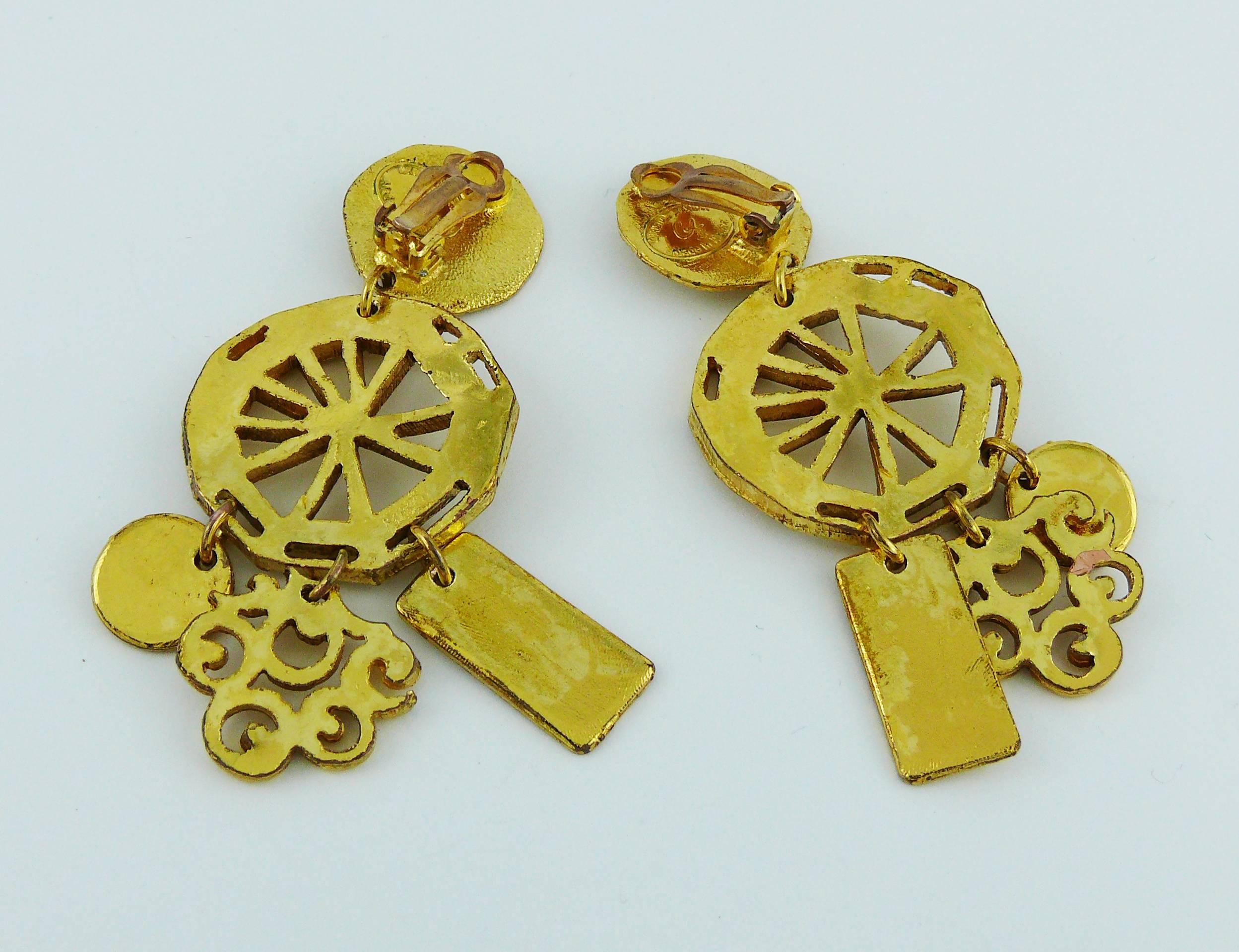 Christian Lacroix Vintage Gold Toned Wheel Dangling Earrings  1
