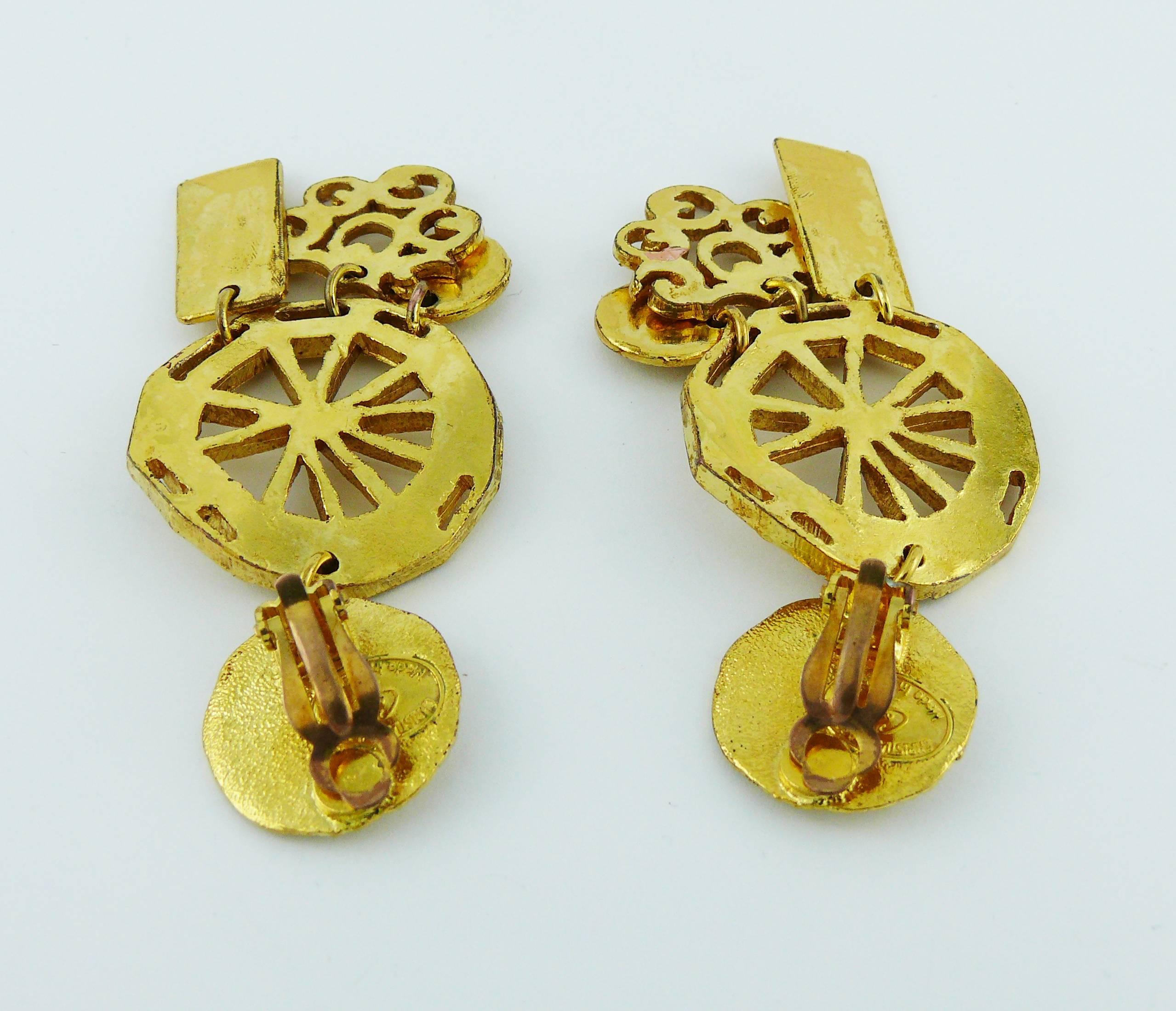 Christian Lacroix Vintage Gold Toned Wheel Dangling Earrings  2