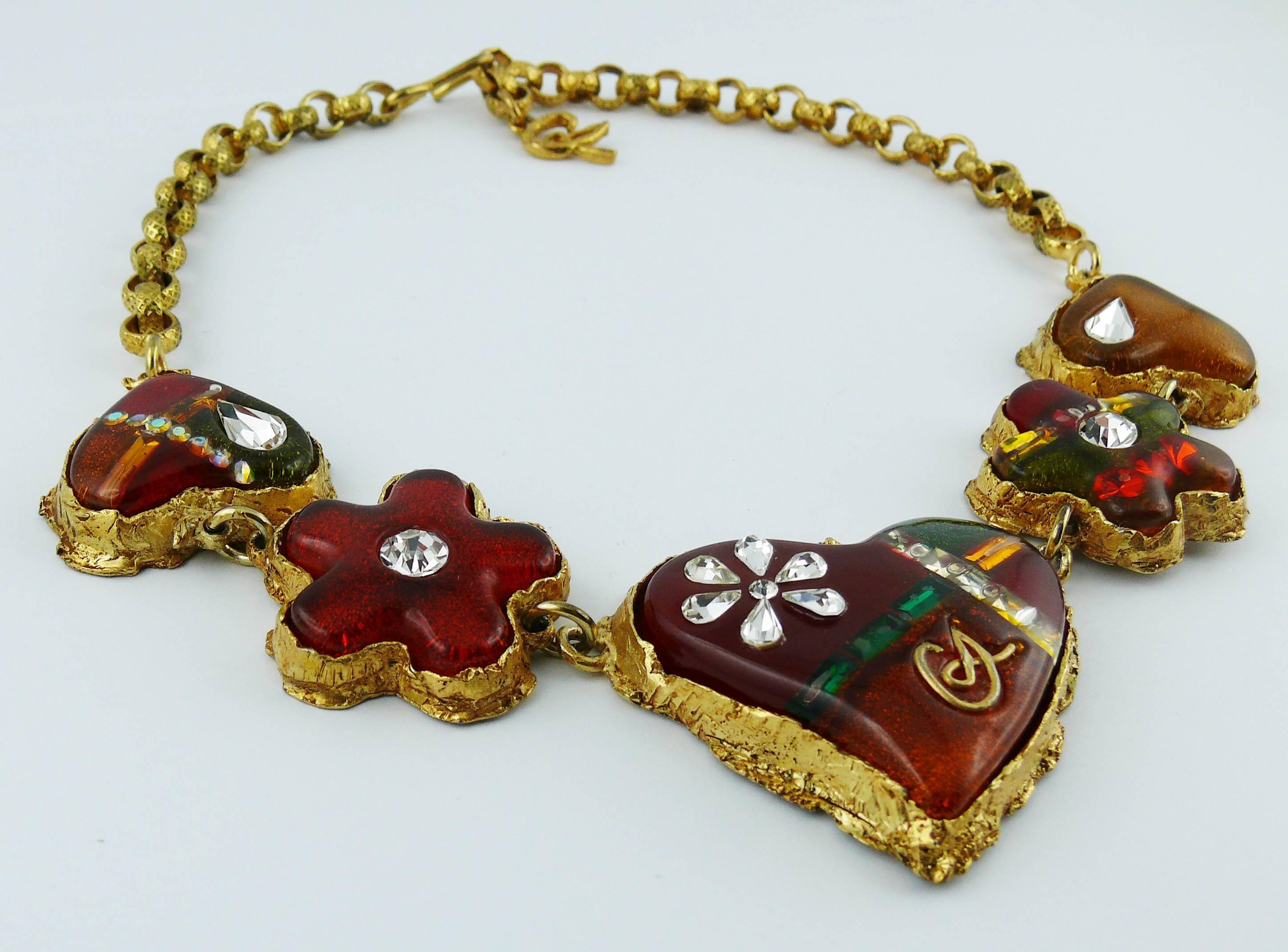 CHRISTIAN LACROIX gold toned necklace and earrings (clip-on) set featuring multicolored resin inlaid hearts and flowers with crystal embellishement.

Both necklace and earrings are marked CHRISTIAN LACROIX CL Made in France.

NECKLACE indicative
