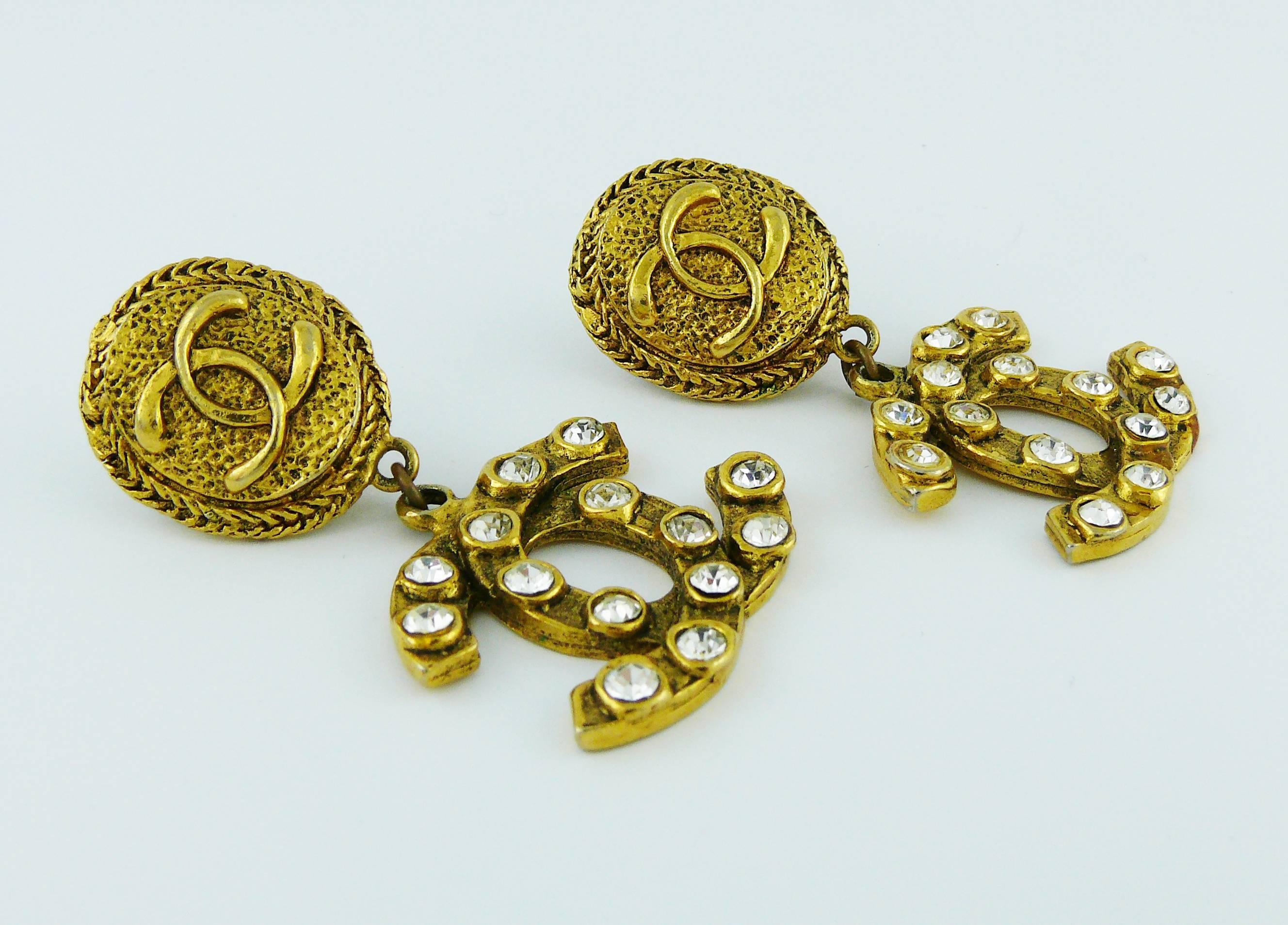 Women's Chanel Vintage Gold Toned Jewelled CC Dangling Earrings