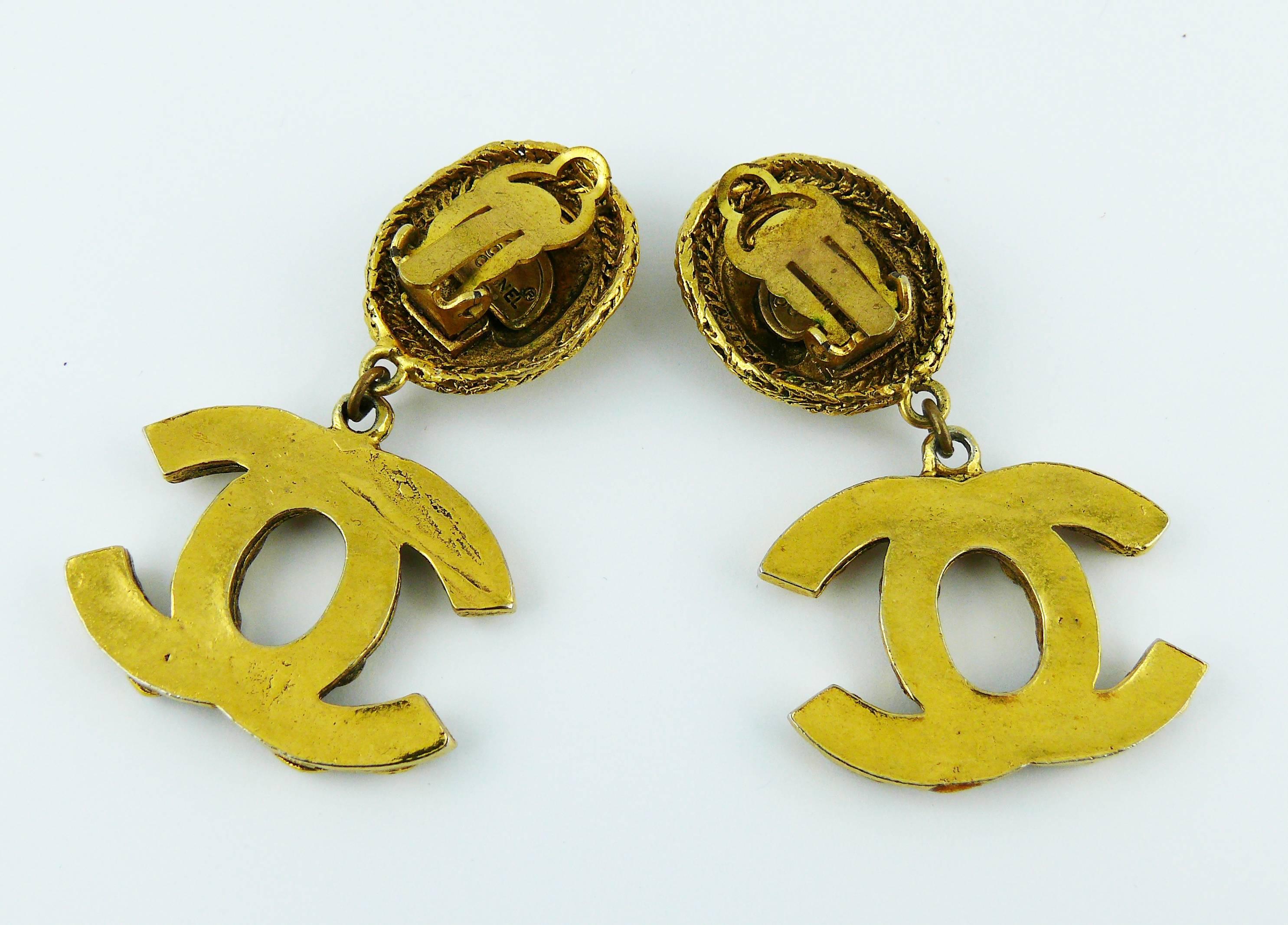 Chanel Vintage Gold Toned Jewelled CC Dangling Earrings 5