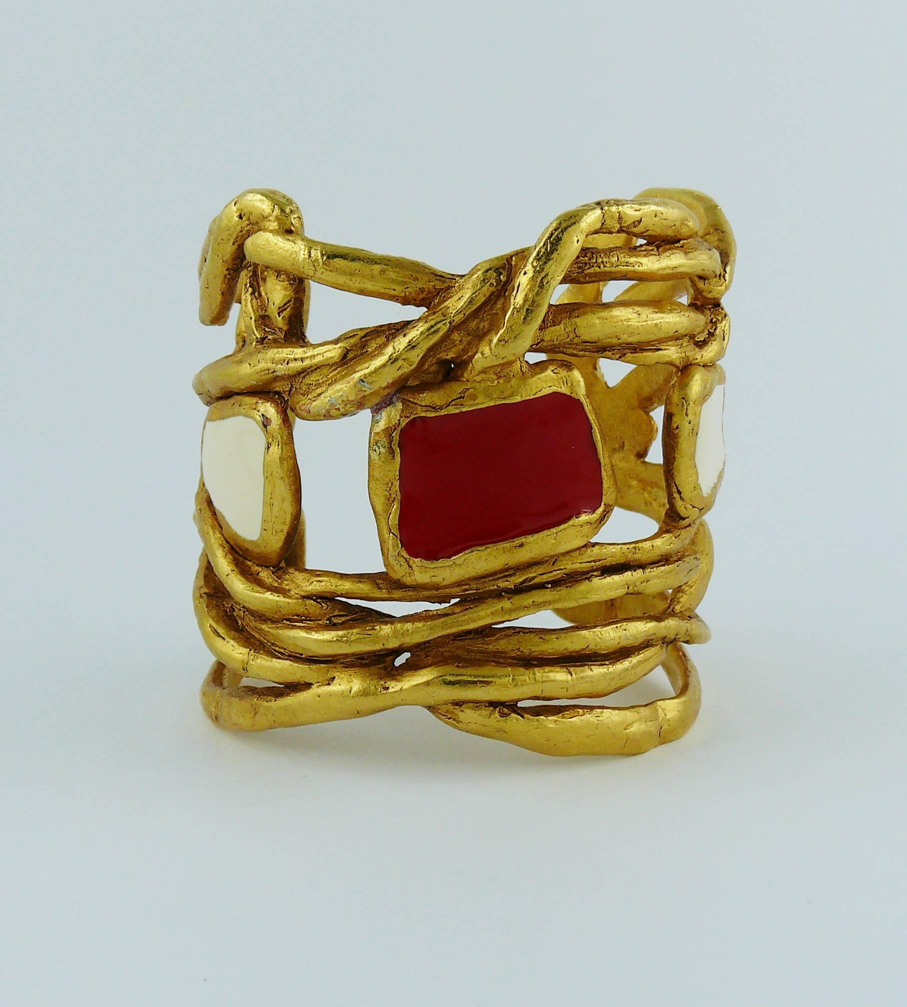 Women's Christian Lacroix Vintage Gold Tone Wired Cuff Bracelet with Red White Enamel