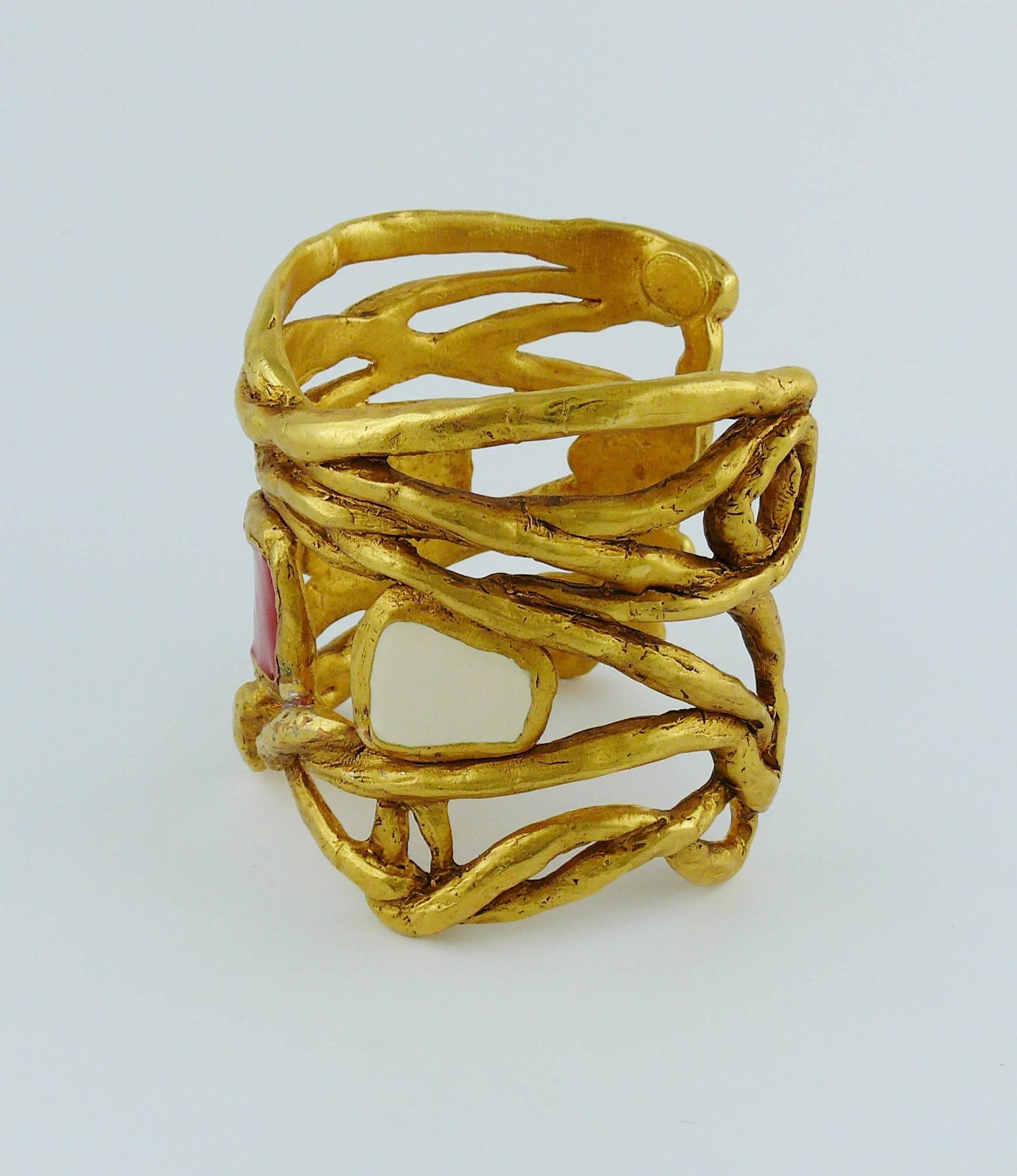 Christian Lacroix Vintage Gold Tone Wired Cuff Bracelet with Red White Enamel 2