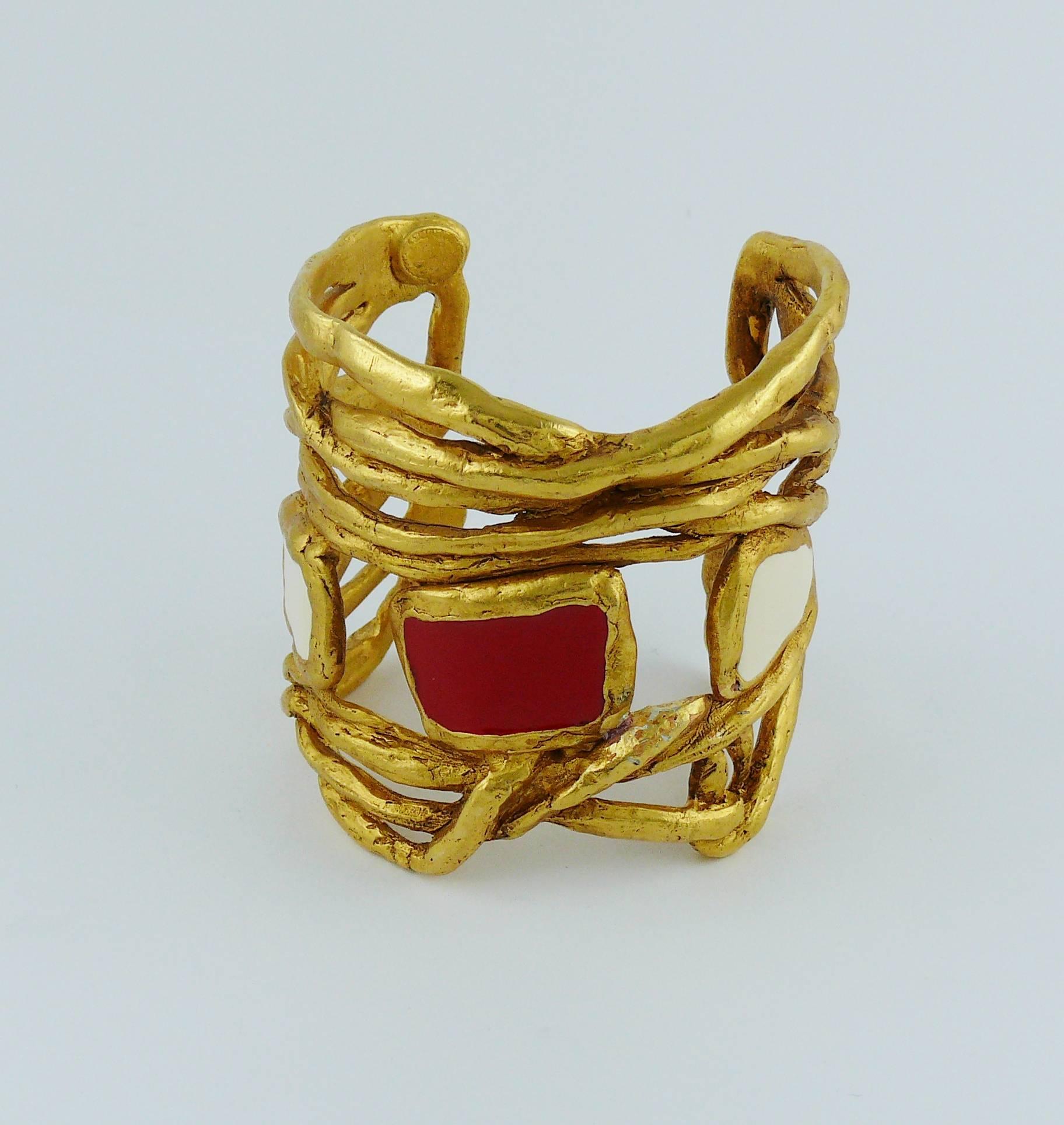 Christian Lacroix Vintage Gold Tone Wired Cuff Bracelet with Red White Enamel 1