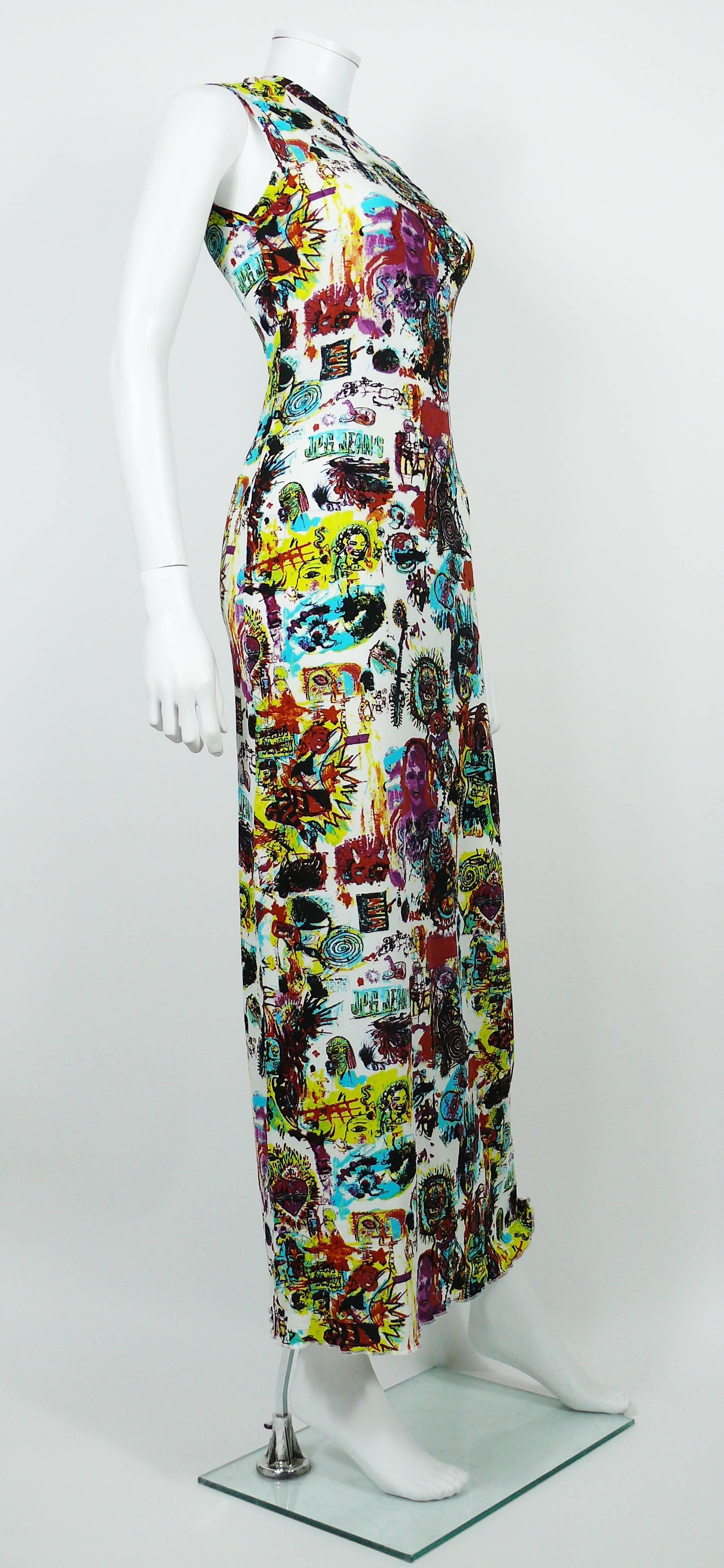 JEAN PAUL GAULTIER vintage maxi dress featuring an opulent JEAN-MICHEL BASQUIAT inspired multicolored print throughout.

This dress features :
- Stretchy material.
- Round collar.
- Sleeveless.

Label reads JPG JEAN'S.
Collection N°0001.
Made in