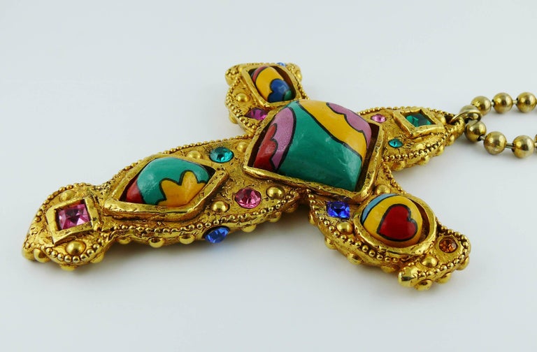 Collier Pendentif Croix En Émaux Alexis Lahellec Vintage Années 90 - Doré/Noir - Neuf Sans Emballage