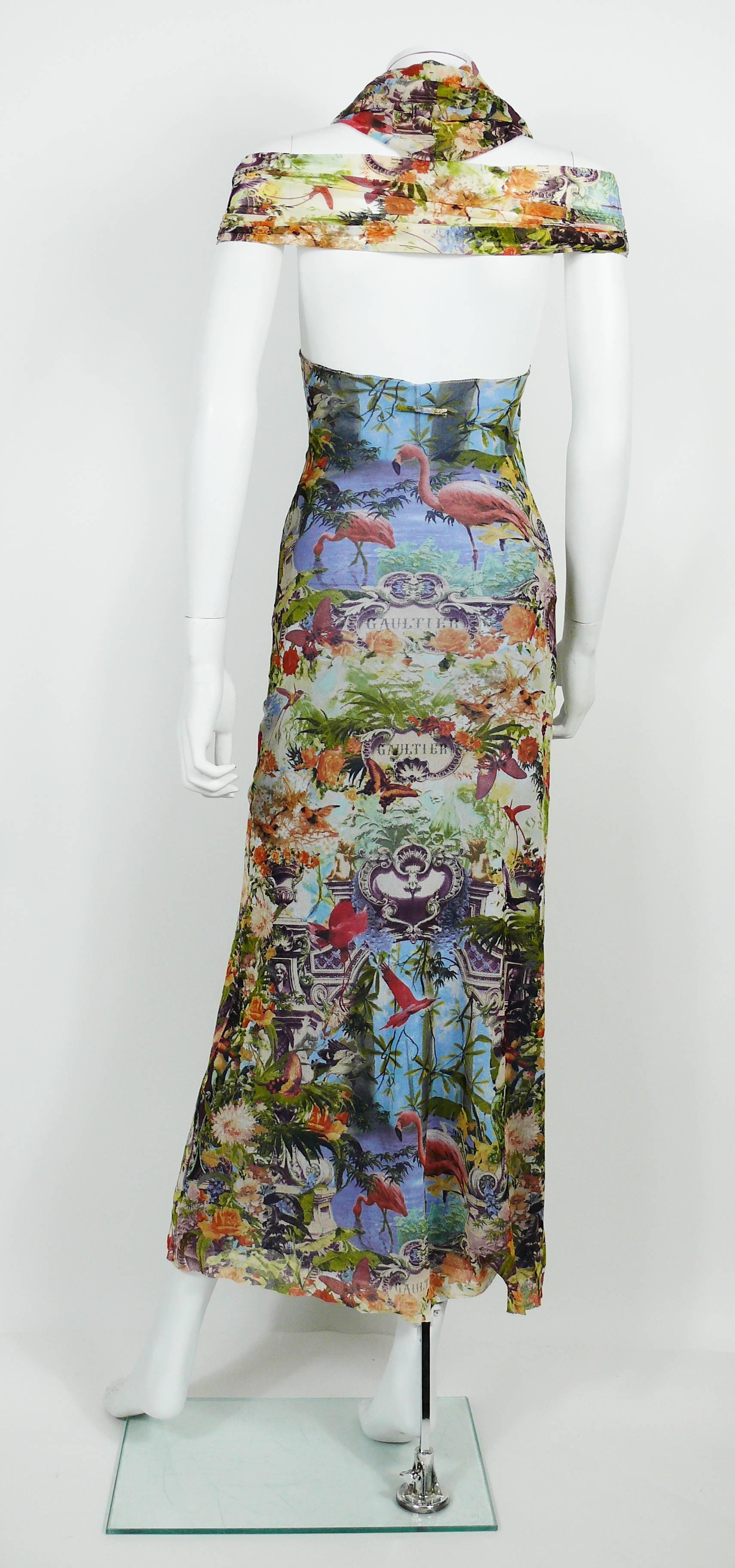 Gray Jean Paul Gaultier Vintage Tropical Print Sheer Halter Dress 