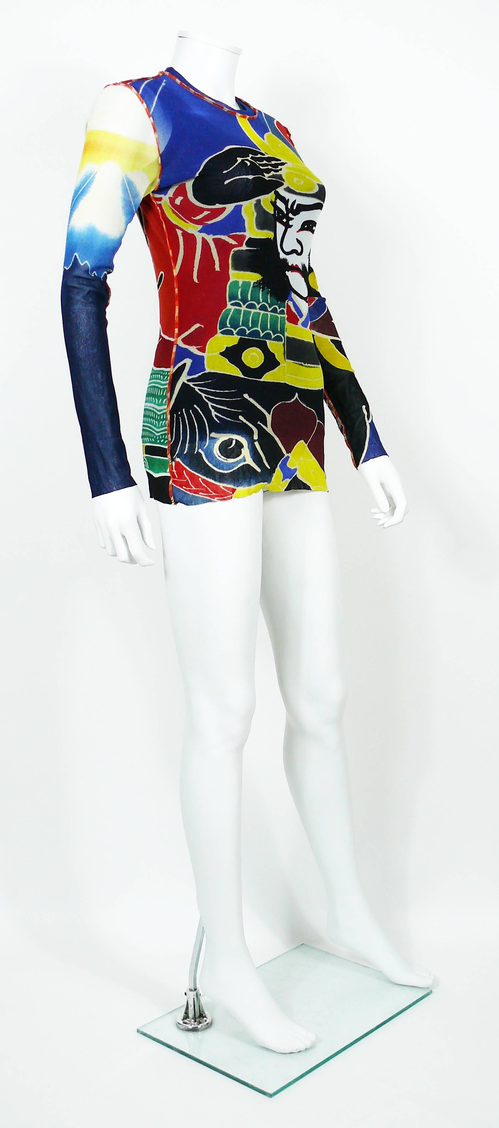 JEAN PAUL GAULTIER Maille vintage unisex sheer mesh nylon top featuring a gorgeous Japanese colorful print tattoo design.
Including a blue sheer mesh tank top (that you can wear alone or together with the Japanese print top - as shown on photos