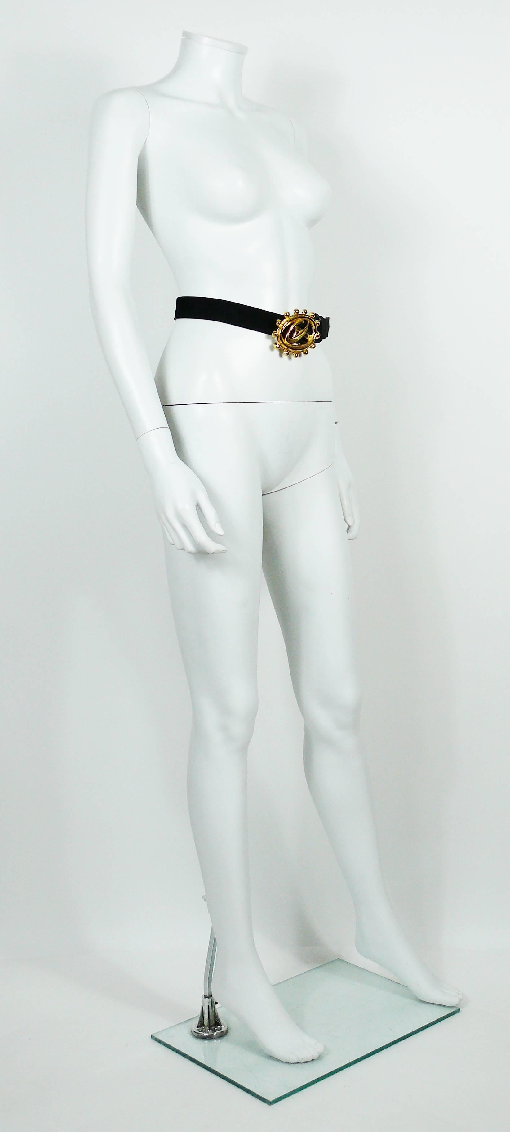 Women's Christian Lacroix Vintage Black Suede Belt with Gold Toned CL Buckle