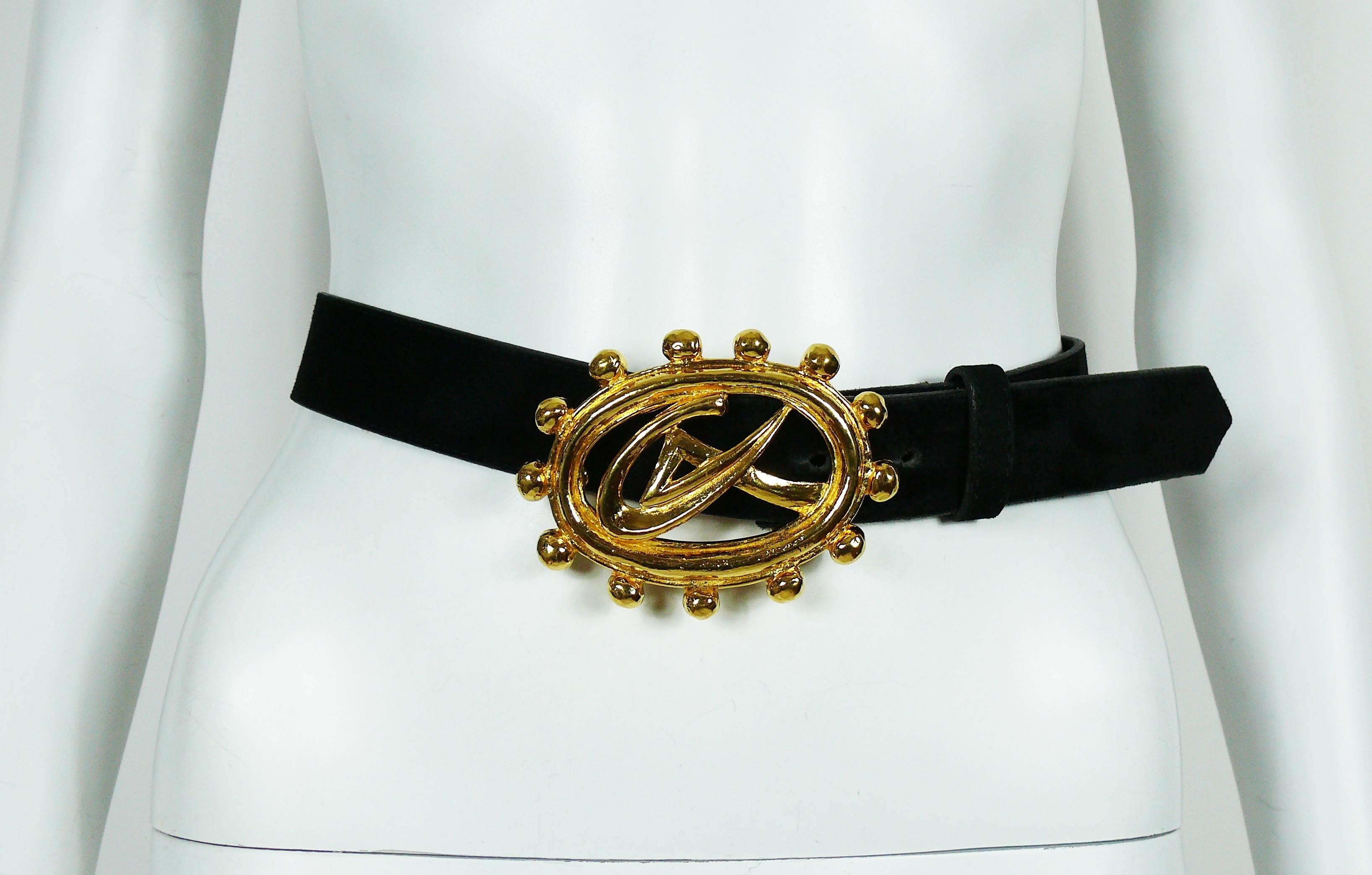 Christian Lacroix Vintage Black Suede Belt with Gold Toned CL Buckle In Good Condition In Nice, FR