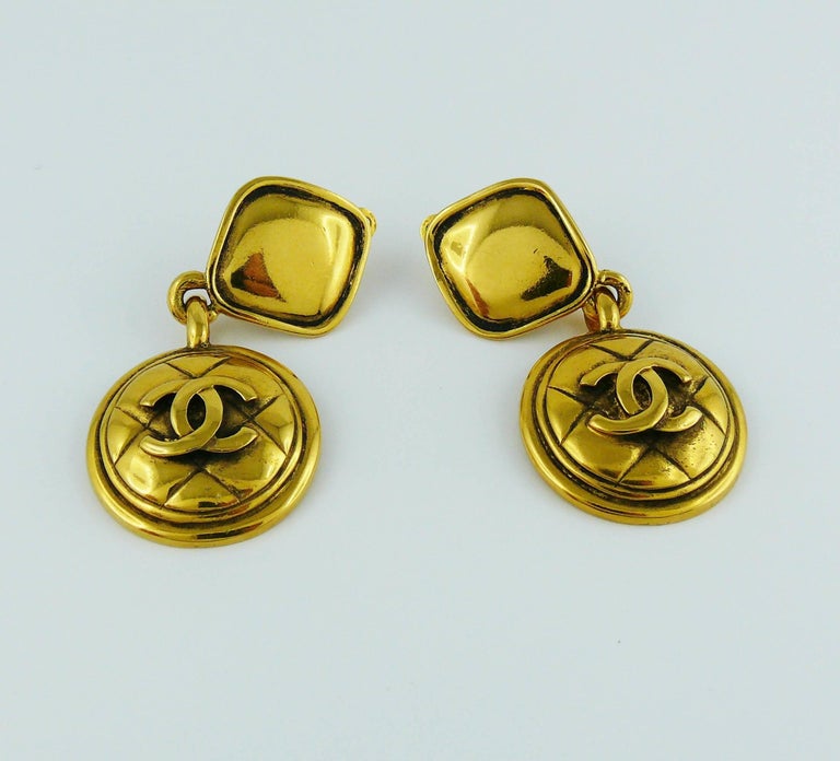 Chanel Vintage Quilted CC Dangling Earrings at 1stDibs