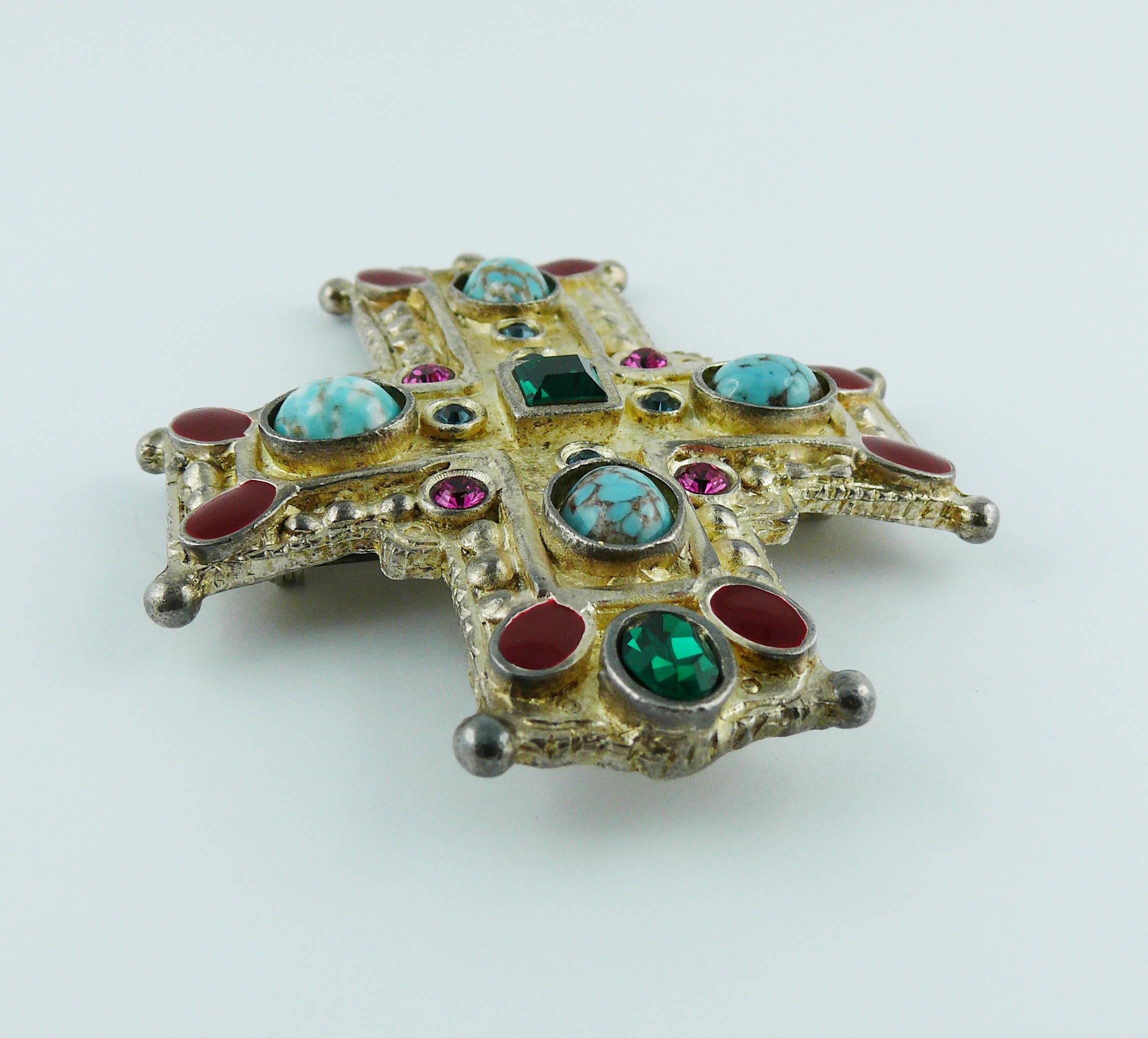 Christian Lacroix Vintage Massive Jewelled Cross Brooch Pendant In Excellent Condition In Nice, FR