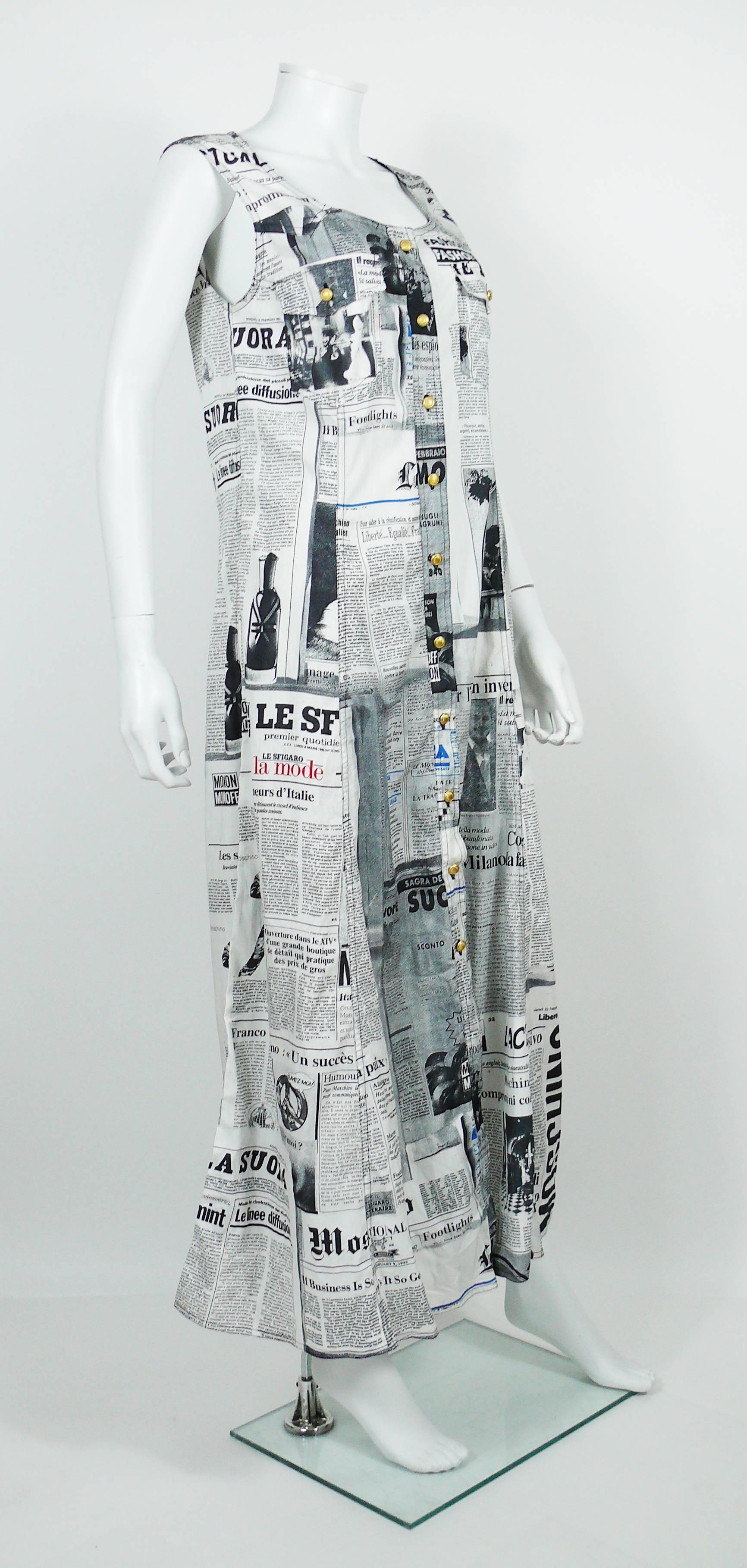 MOSCHINO vintage iconic newspaper print full length button up dress.

This dress features :
- Newspaper print design with MOSCHINO print spell outs all over
- FRANCO MOSCHINO portraits
- Two chest pockets
- Gold toned signature MOSCHINO JEANS