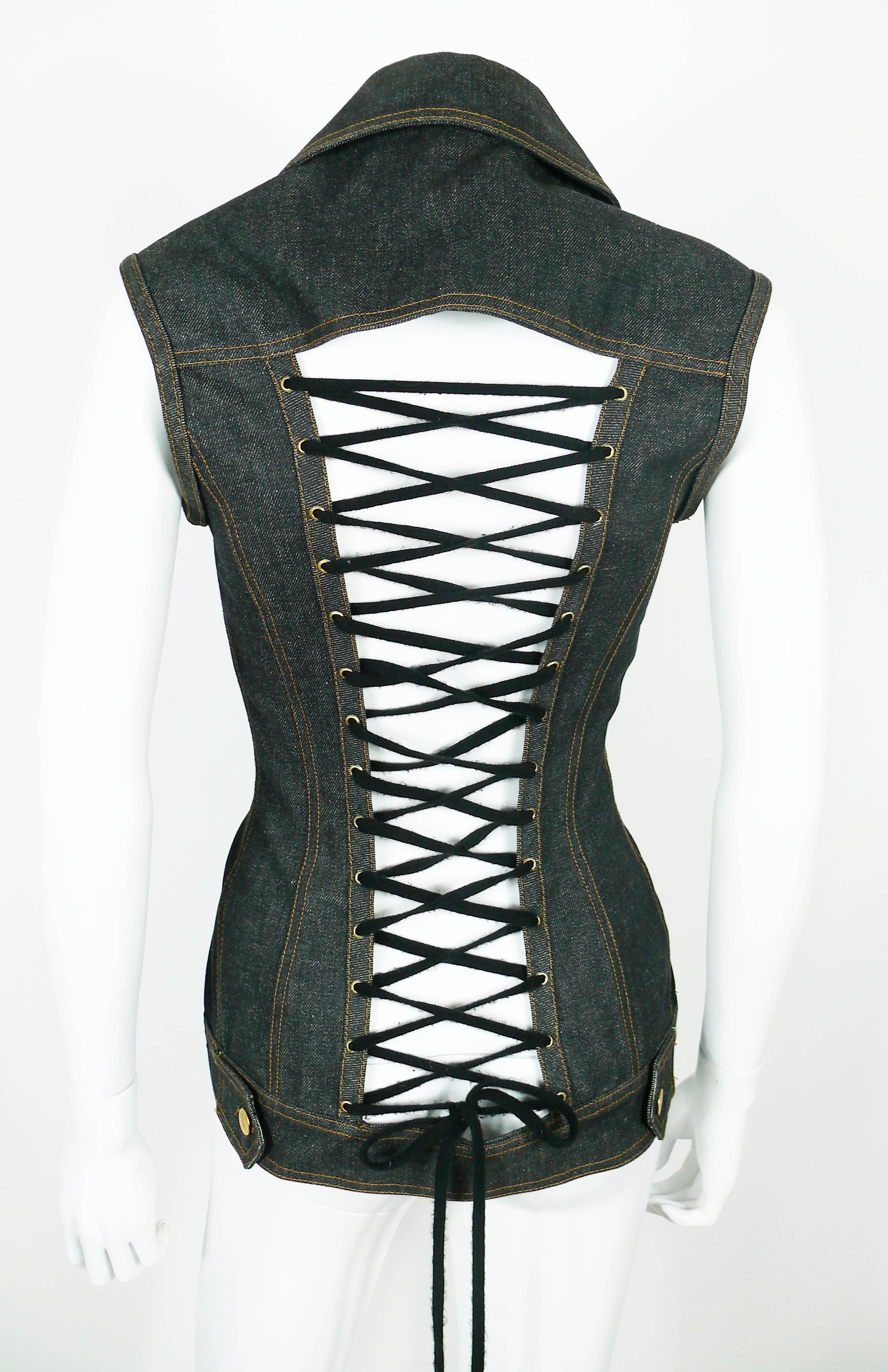 Jean Paul Gaultier Vintage Iconic Black Denim Corset Style Jacket Size 40 In Excellent Condition In Nice, FR