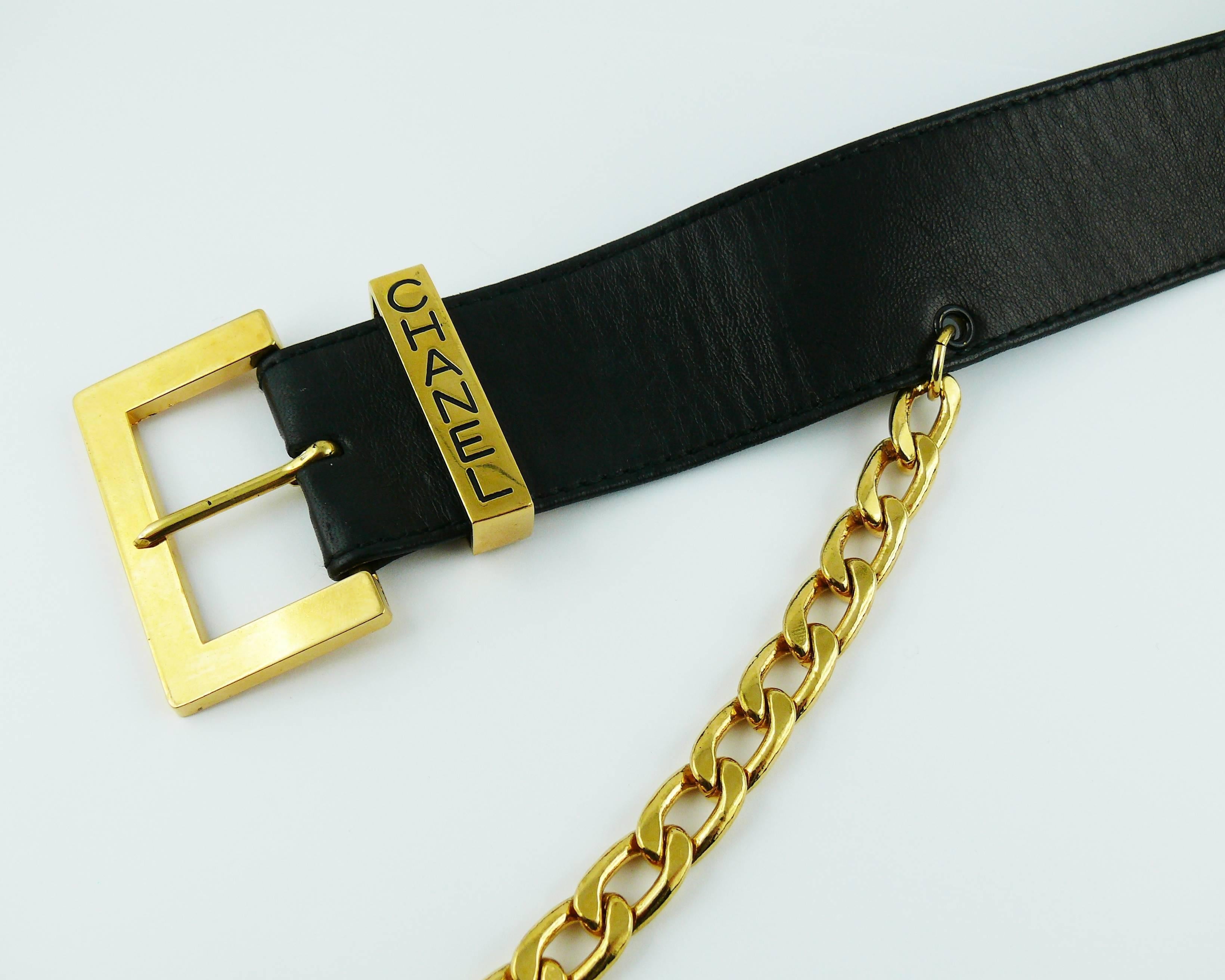 Chanel Vintage Black Leather Belt with Gold Toned Chain and CC Rue Cambon Coin 2