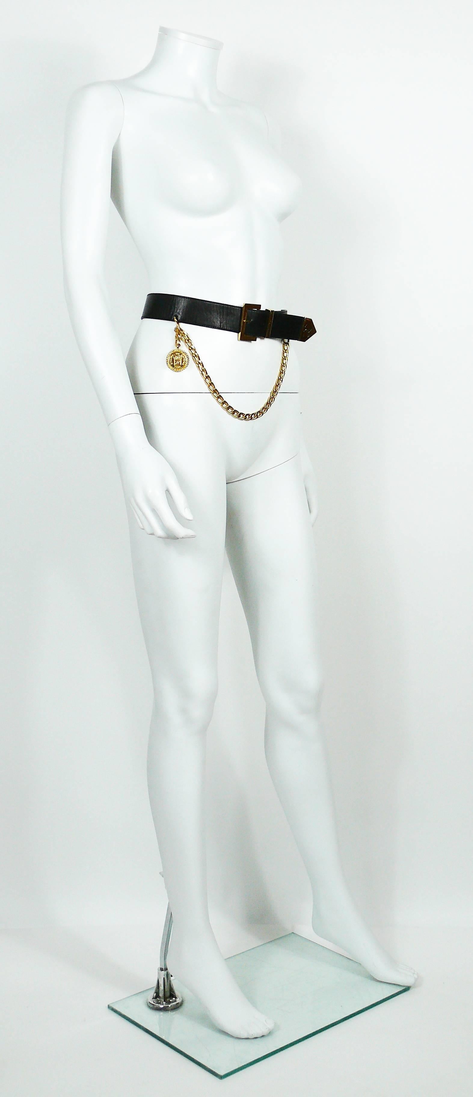 Chanel Vintage Black Leather Belt with Gold Toned Chain and CC Rue Cambon Coin 1