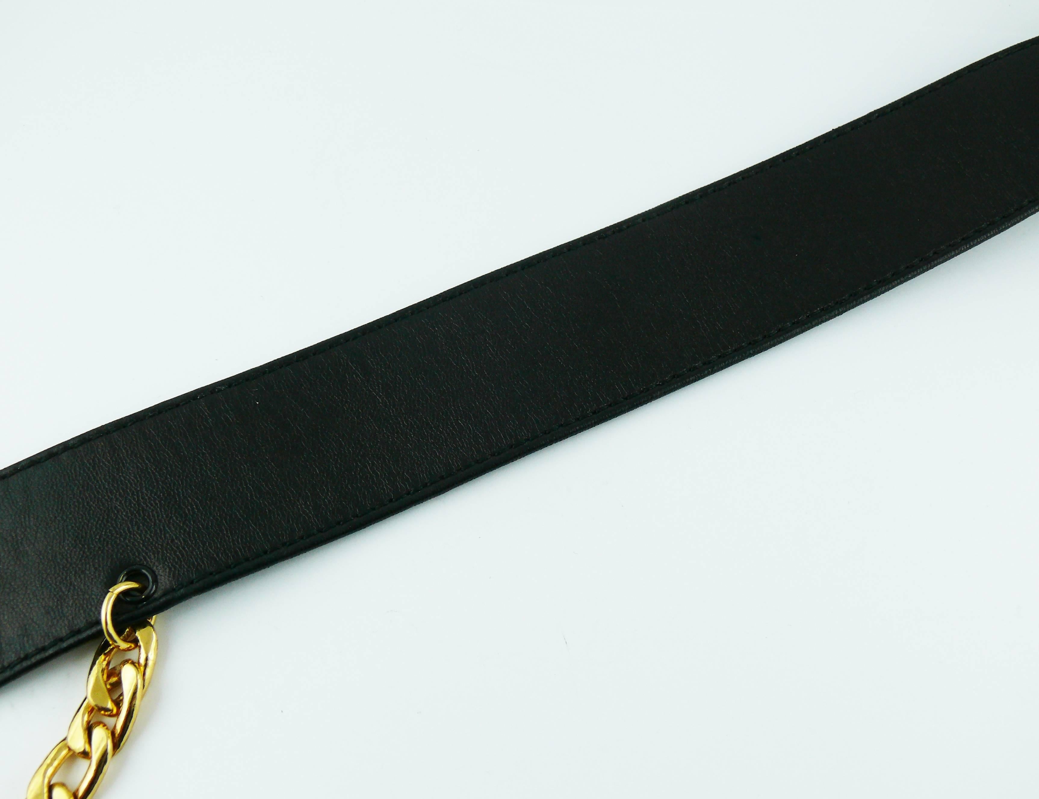 Women's Chanel Vintage Black Leather Belt with Gold Toned Chain and CC Rue Cambon Coin