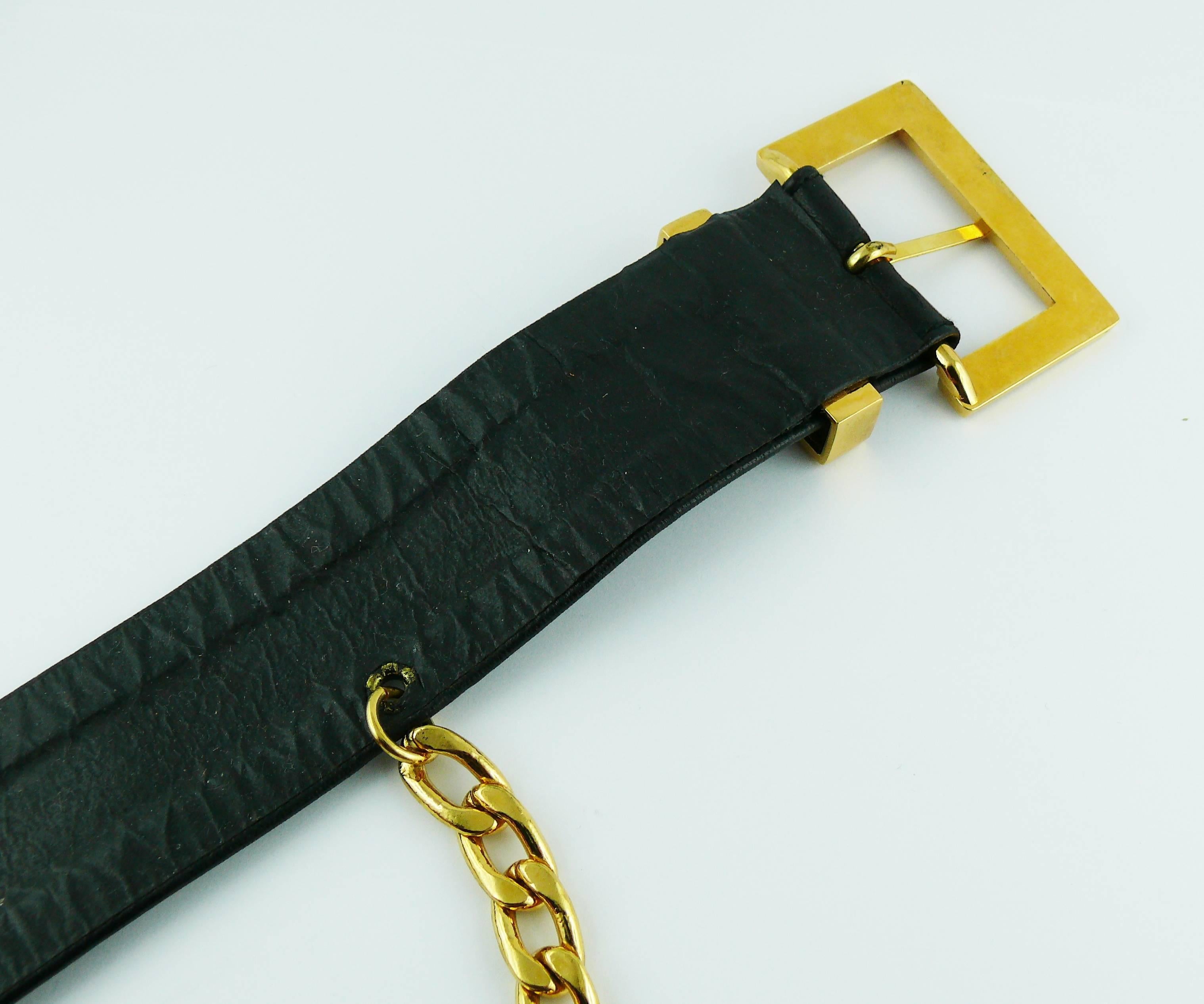 Chanel Vintage Black Leather Belt with Gold Toned Chain and CC Rue Cambon Coin 5