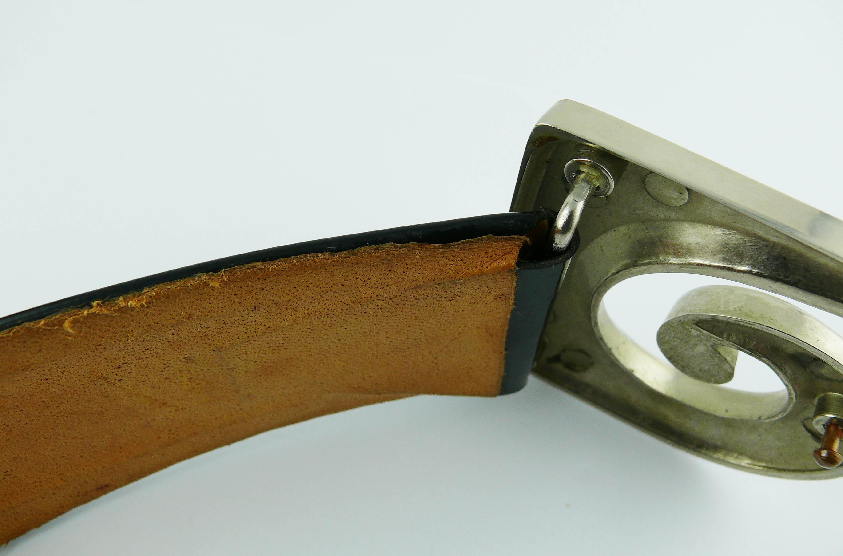 Pierre Cardin Vintage Black Patent Leather Belt with Bold Logo Buckle 12