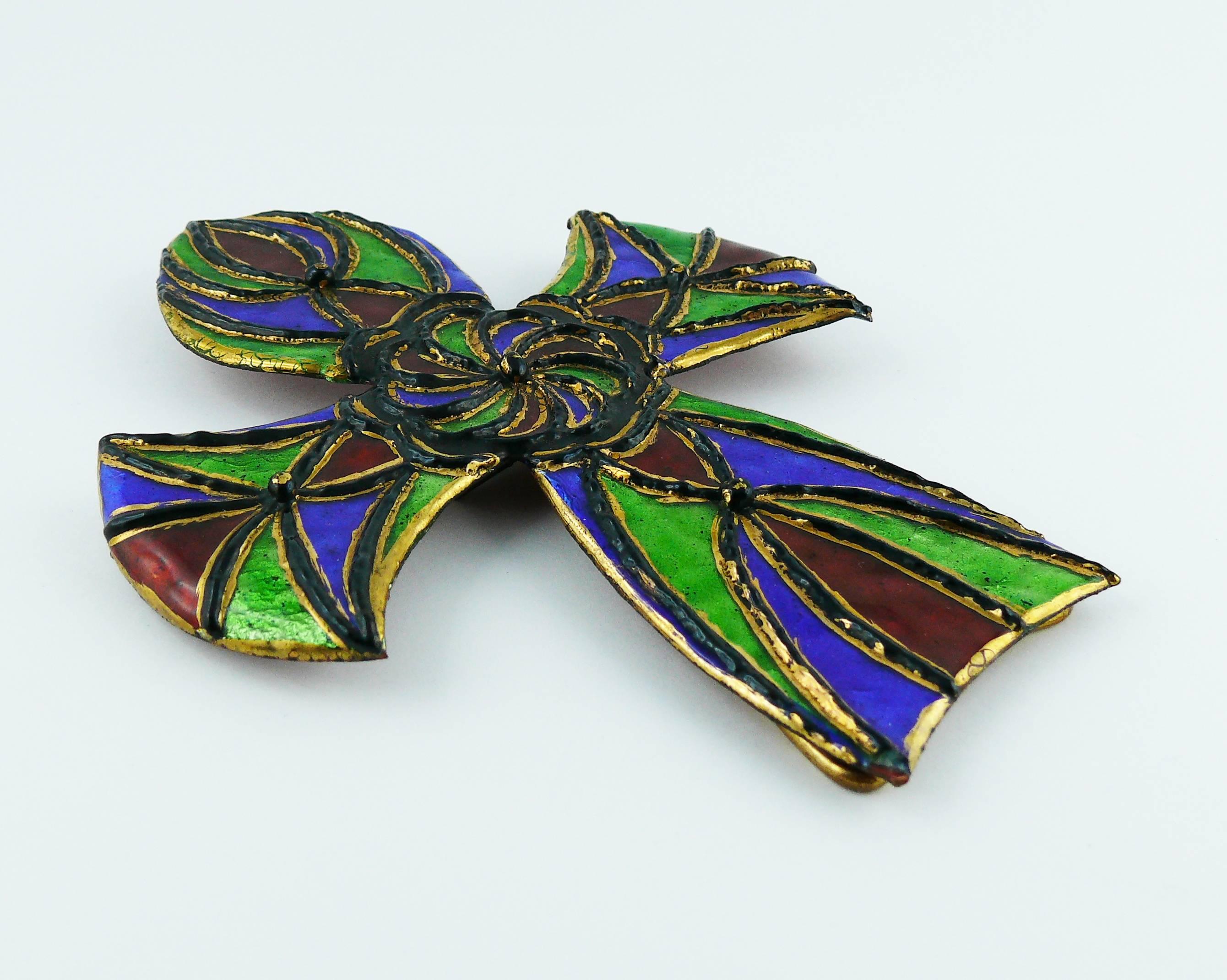 ANDREE BAZOT rare vintage massive cross pendant featuring multicolored enamels on a copper structure, enhanced with gilt and cloisonné in imitation of stained glass.

This cross has a bail and can be worn as a pendant. It can also stand as as