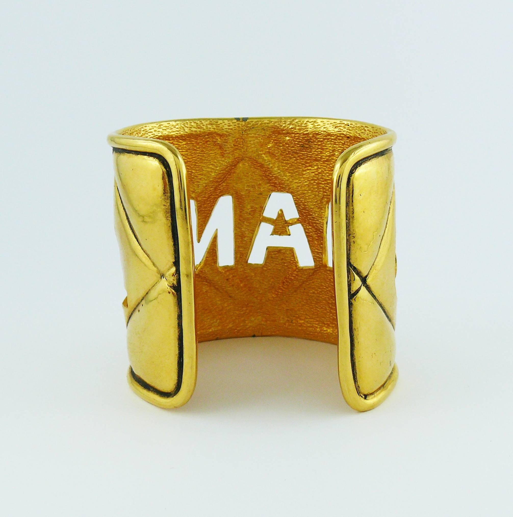 Chanel Vintage Gold Toned Quilted Cut Out Cuff Bracelet 2