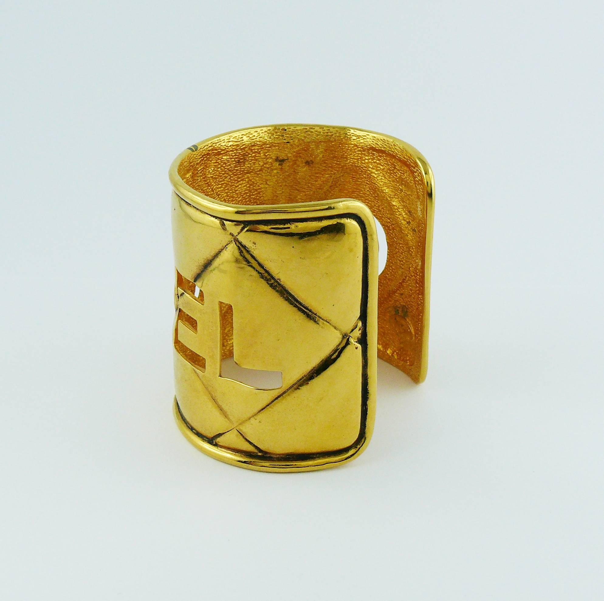 Chanel Vintage Gold Toned Quilted Cut Out Cuff Bracelet 3