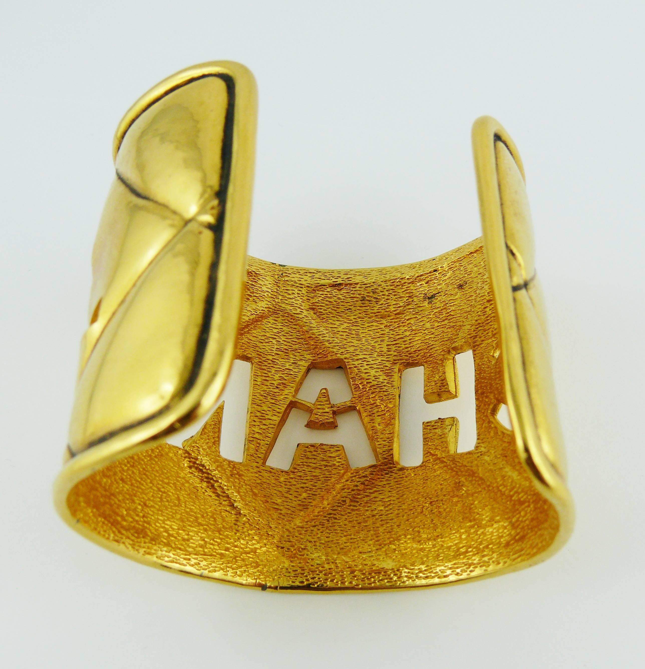 Chanel Vintage Gold Toned Quilted Cut Out Cuff Bracelet 4