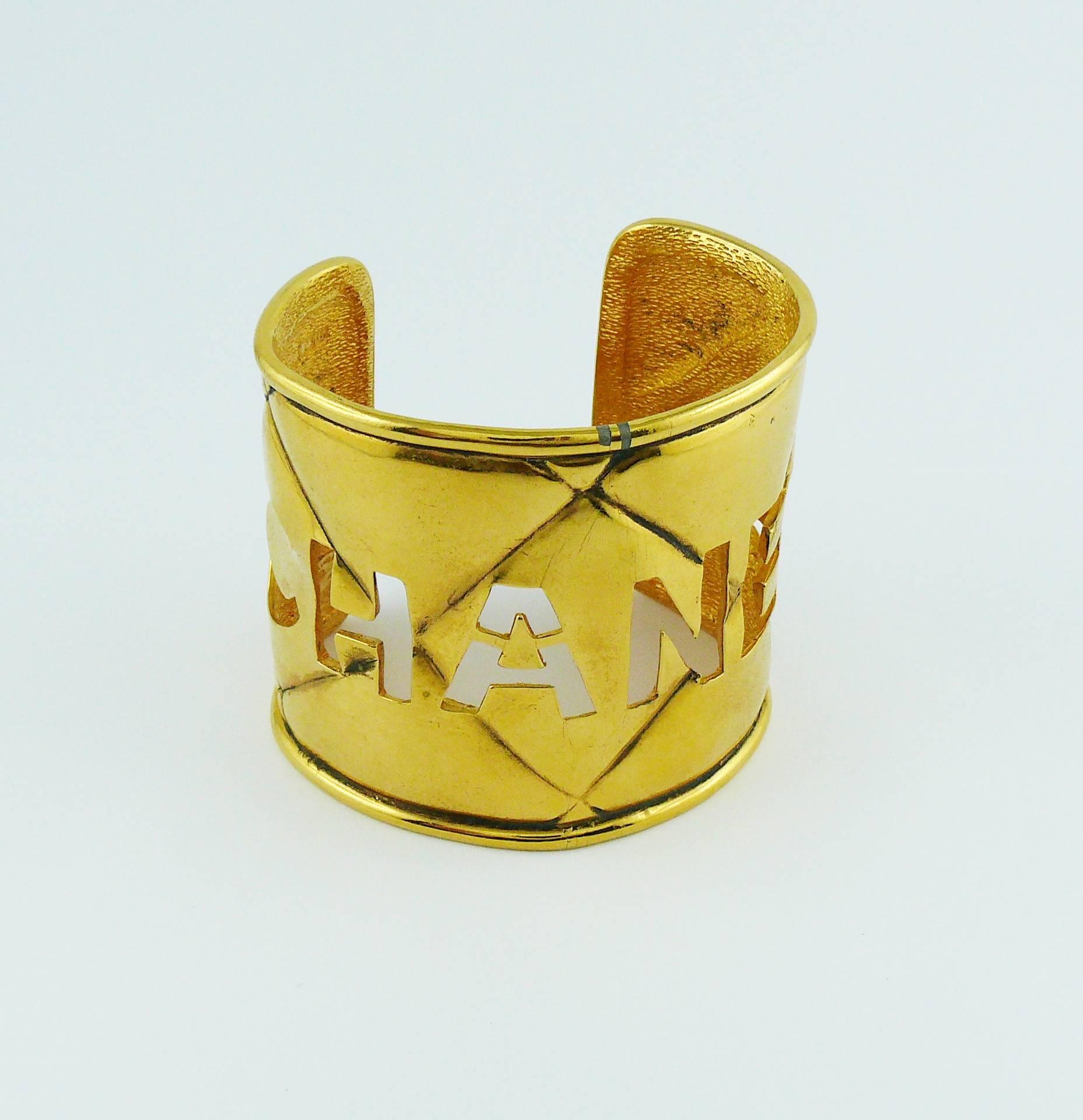 Women's Chanel Vintage Gold Toned Quilted Cut Out Cuff Bracelet