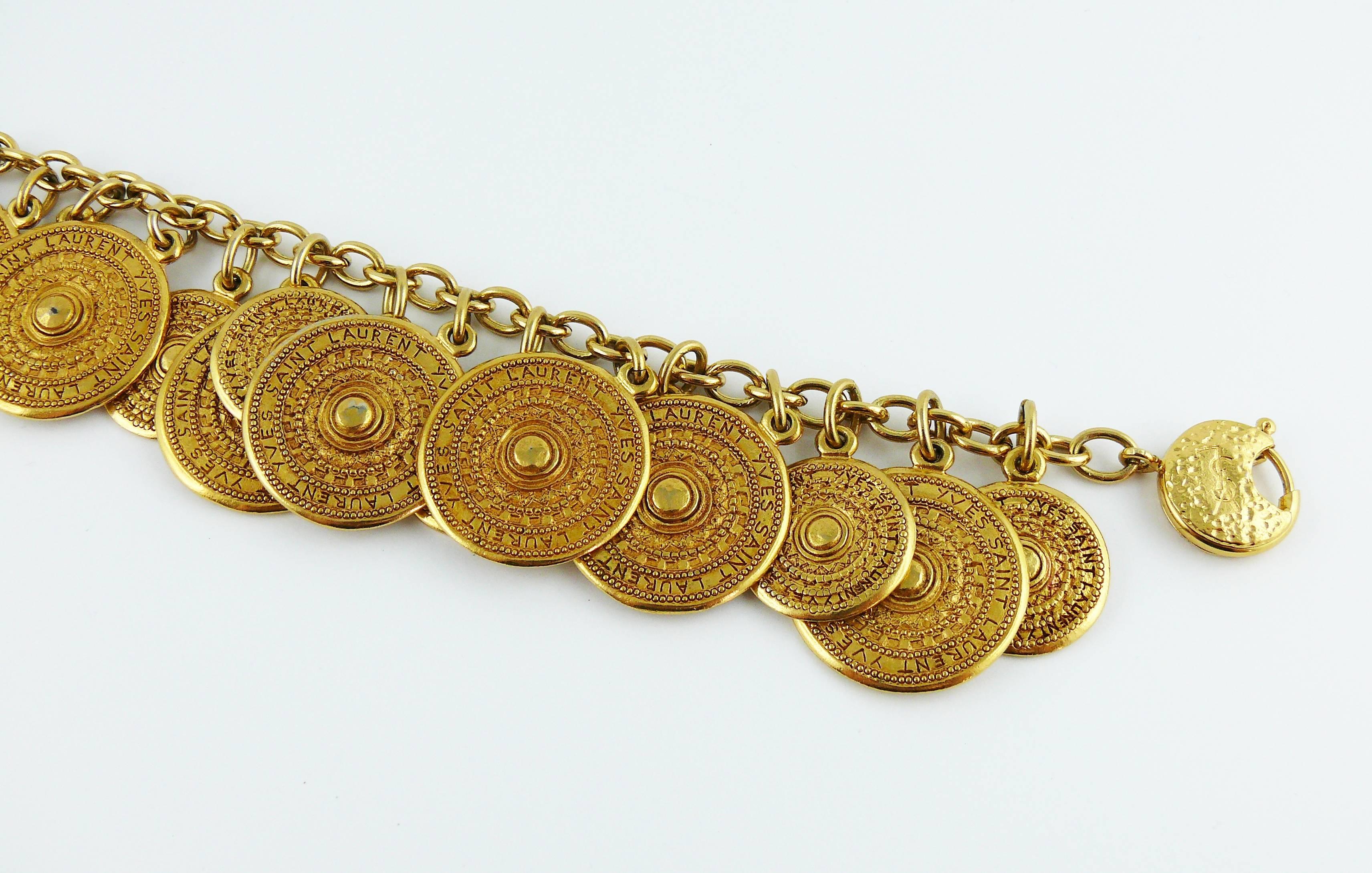 Women's Yves Saint Laurent YSL Vintage Gold Toned Ethnic Aztec Pattern Charm Bracelet