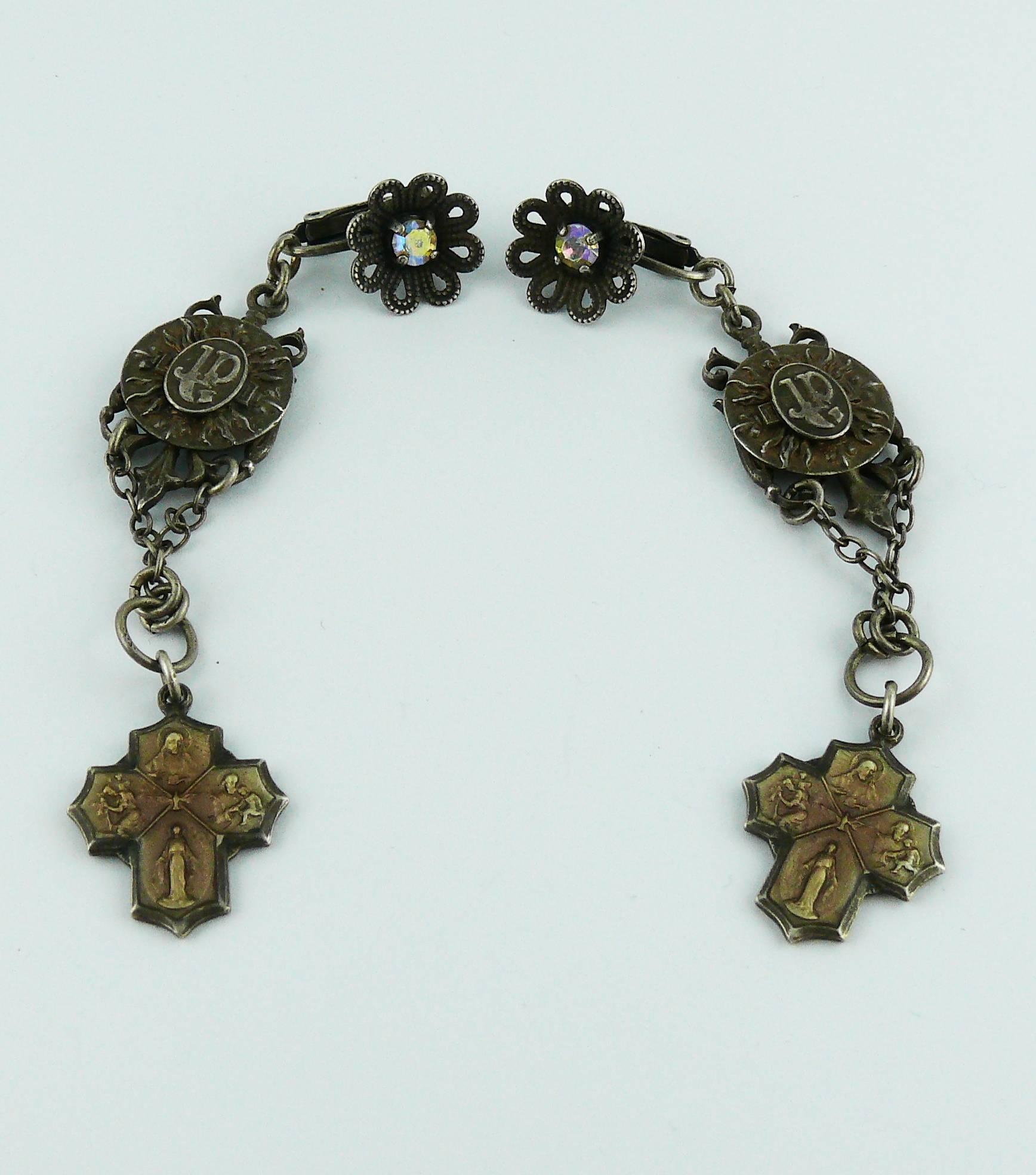 Jean Paul Gaultier Scapular Charm Gothic Cross Dangling Earrings In Excellent Condition In Nice, FR