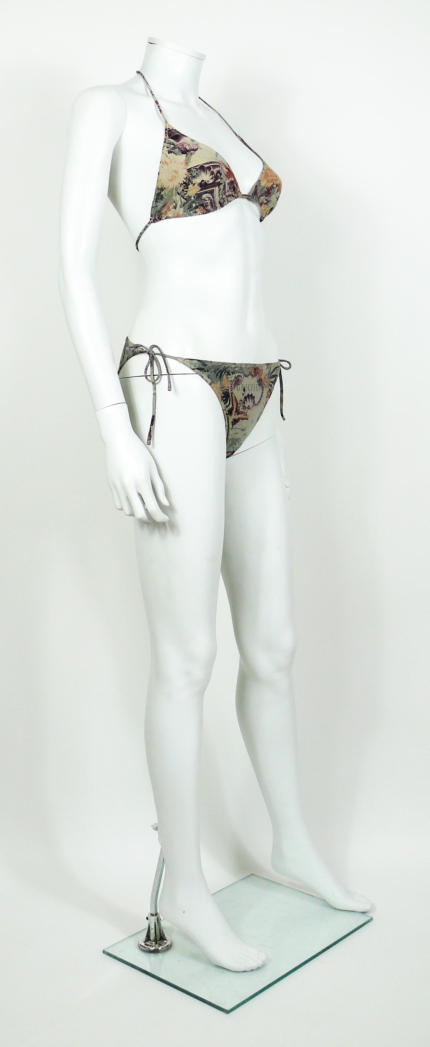 JEAN PAUL GAULTIER vintage tropical print two piece bikini swimsuit.

Label reads JEAN PAUL GAULTIER SOLEIL.
Made in Italy.

Size tag reads : 44.
Can adjust to smaller size (photographied on a S size mannequin).

Composition tag reads : 72% Polyamid