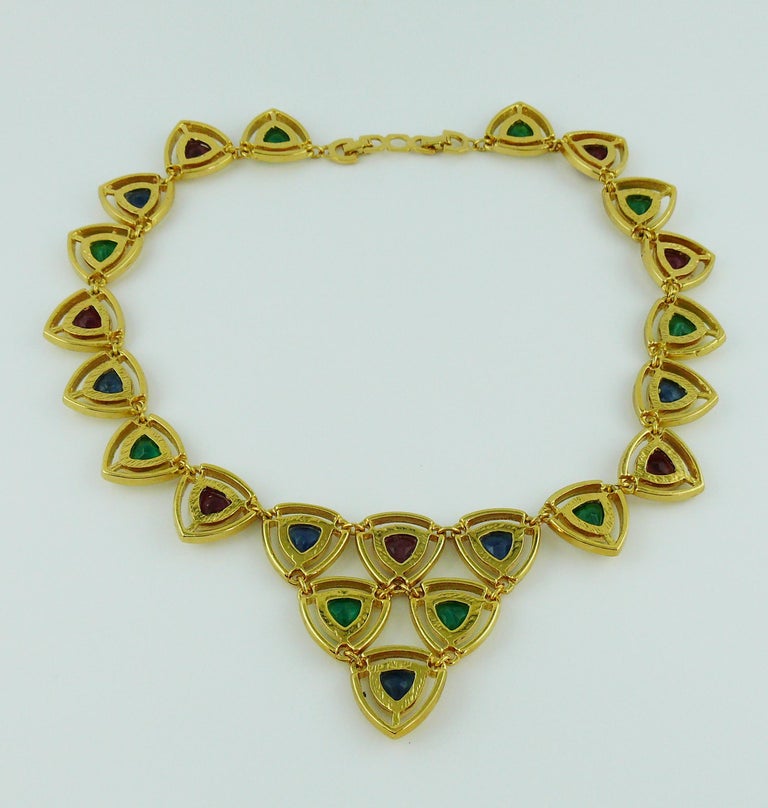 Christian Dior Vintage Gold Toned Faux Ruby Emerald and Sapphire