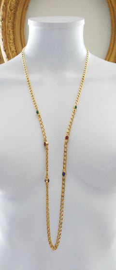 Christian Dior Vintage Jewelled Gold Tone Chain Sautoir Necklace