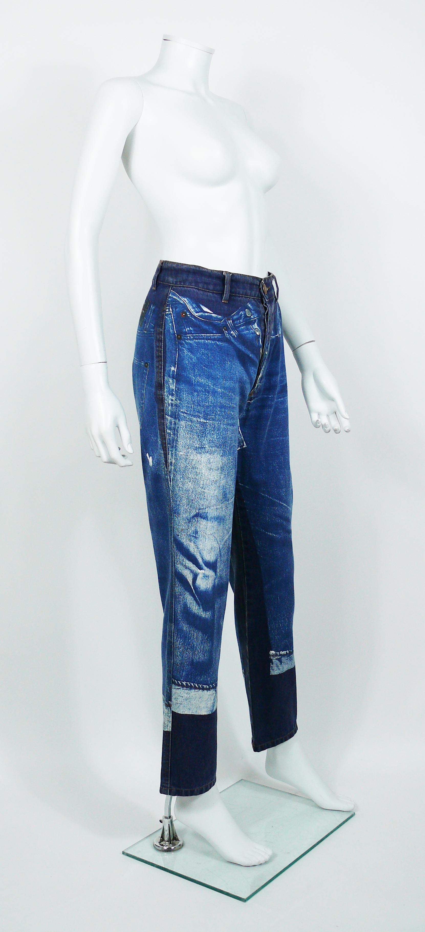 JEAN PAUL GAULTIER vintage denim pants trousers featuring an x-ray screen trompe l’œil jeans on front and back.

These trousers feature :
- Distressed blue-purple denim jeans featuring blue-white x-ray screen trompe l’œil jeans on front and back.
-