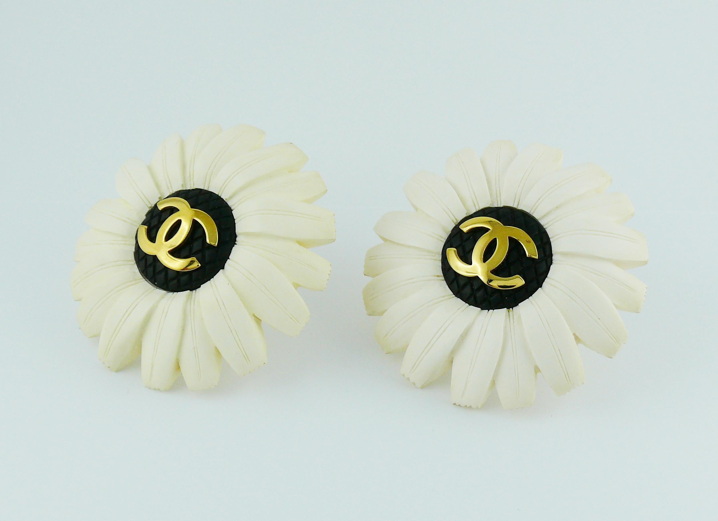 Women's Chanel Vintage Oversized White Resin Flower with CC Clip-On Earrings