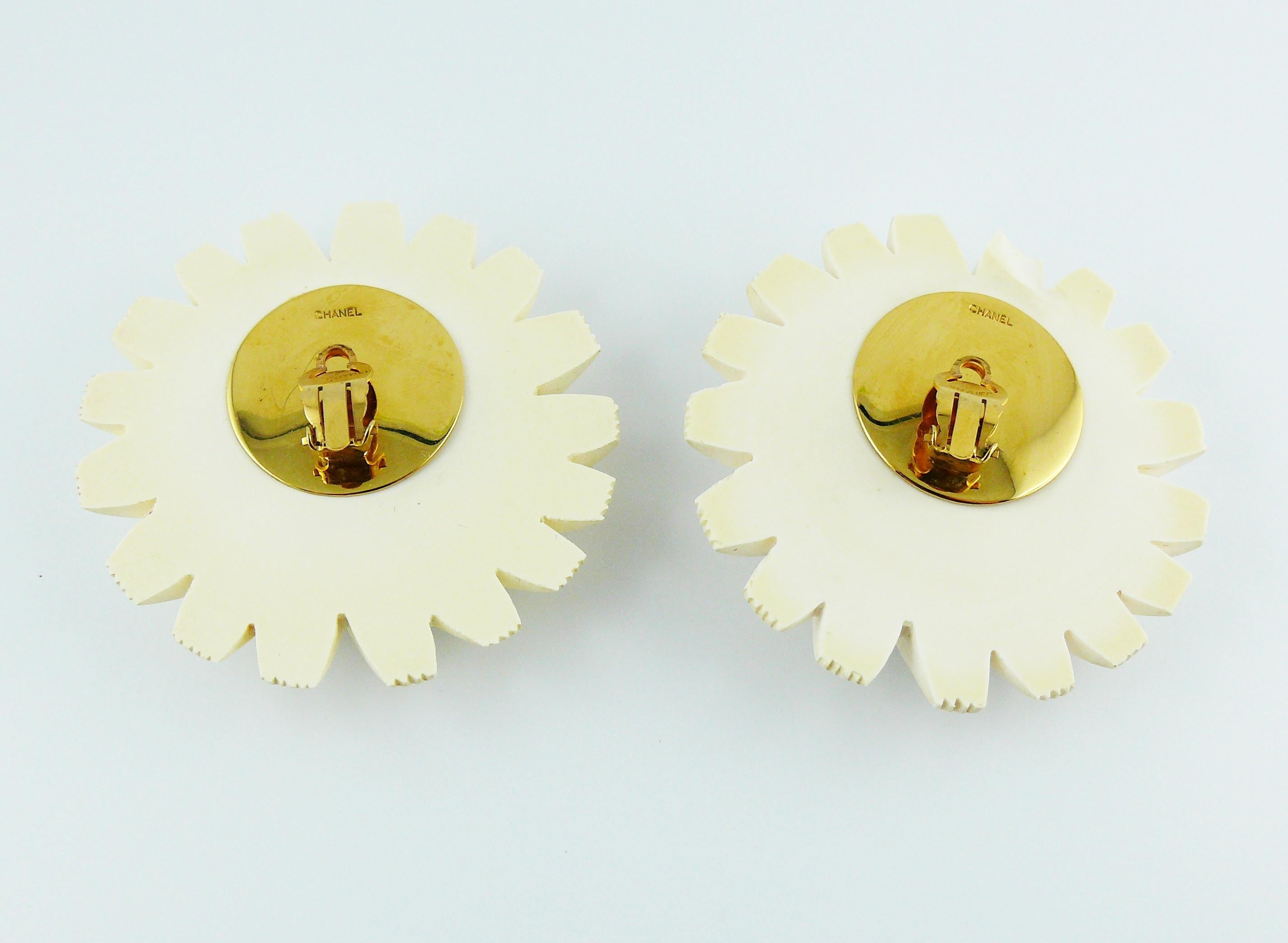 Chanel Vintage Oversized White Resin Flower with CC Clip-On Earrings 1