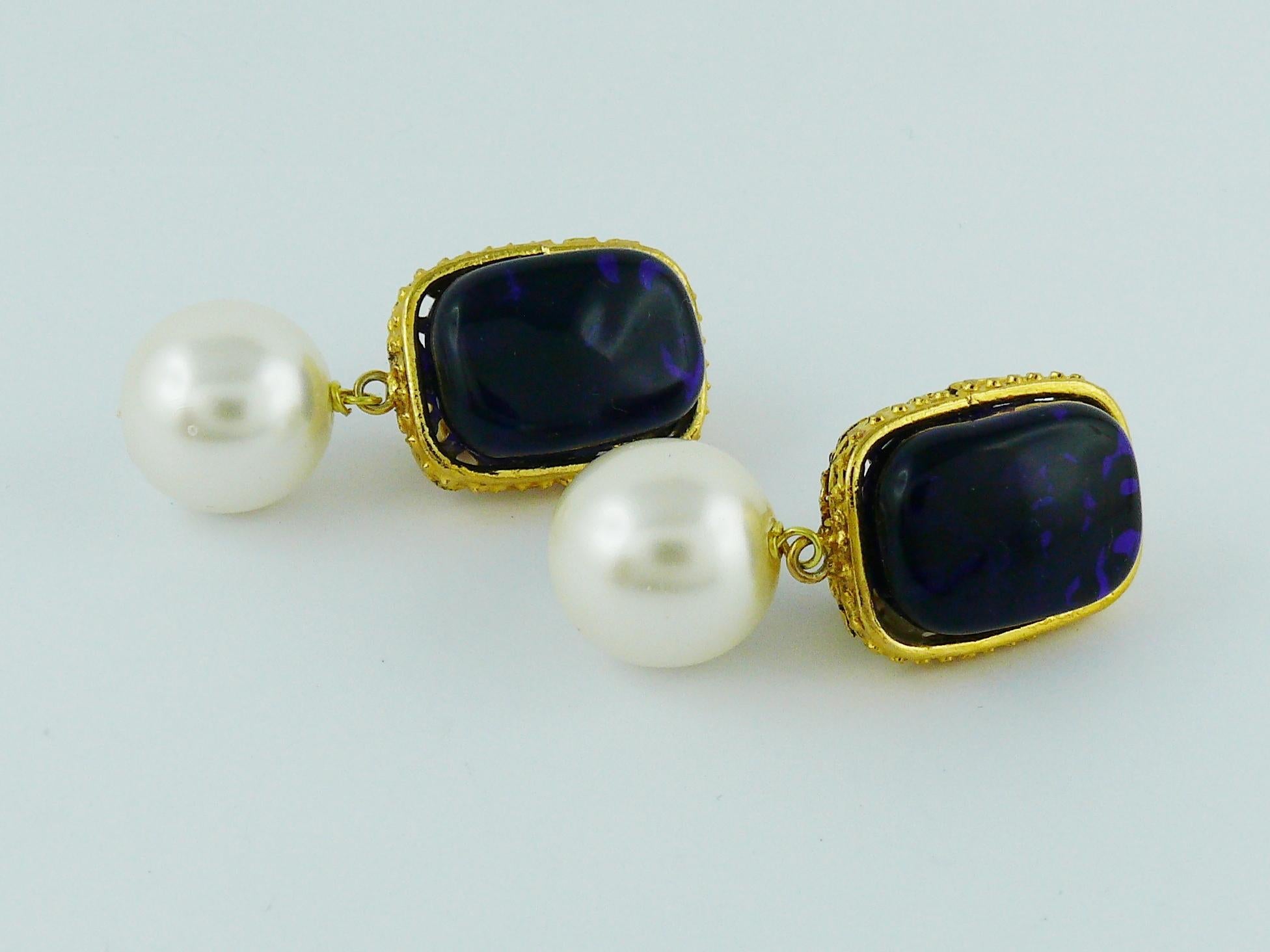 Chanel Vintage Gripoix Blue Pate de Verre and Faux Pearl Dangling Earrings 1