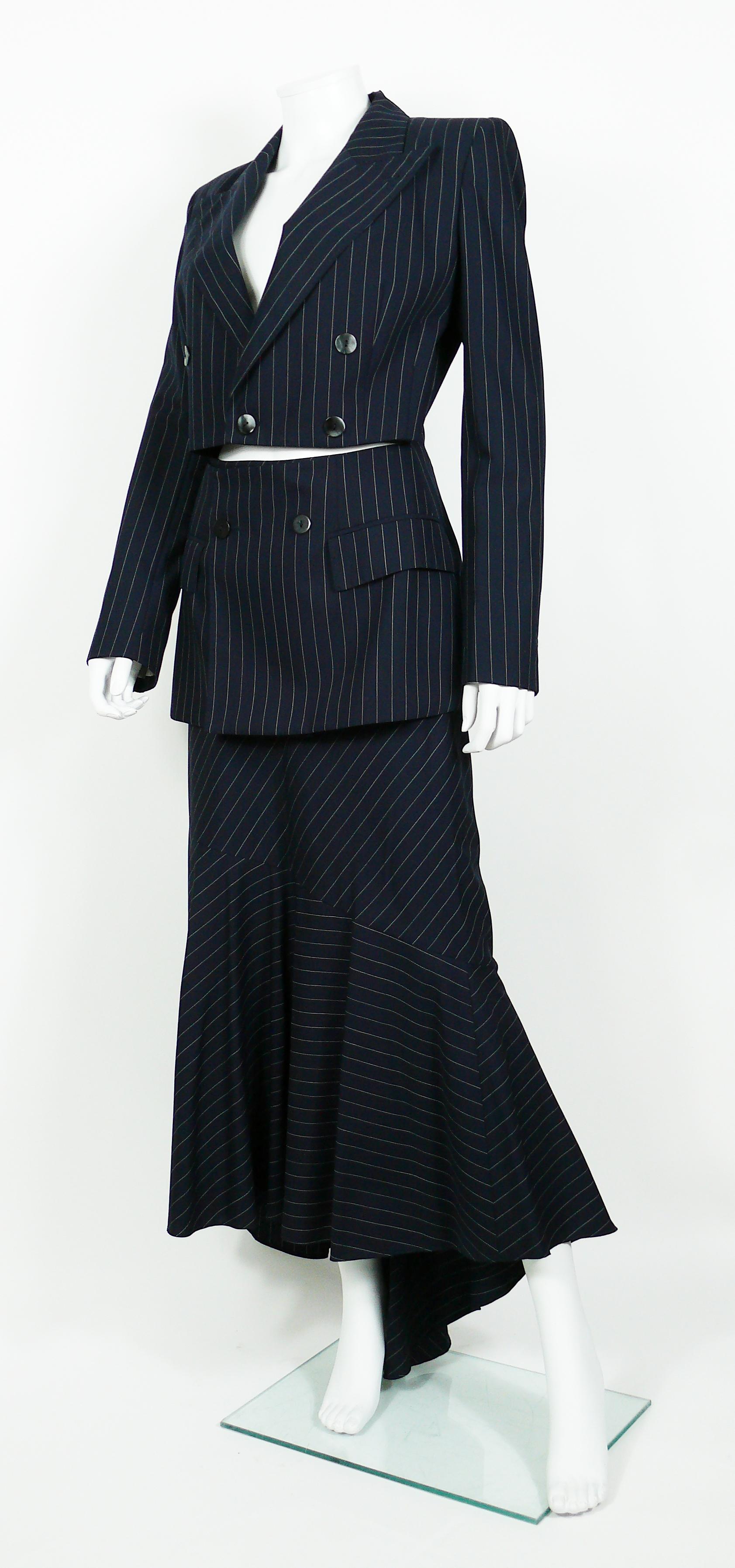 Black Jean Paul Gaultier Striped Navy Blue Suit with Cut-Out Waist Blazer