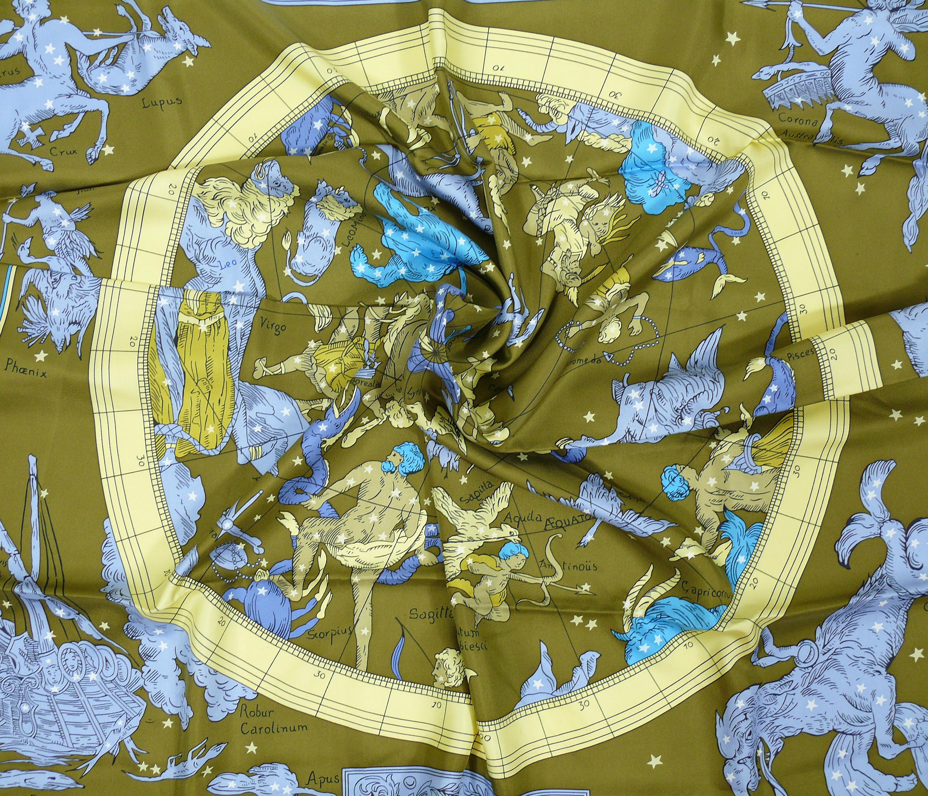 HERMES highly sought after vintage silk carre scarf HEMISPHAERIUM COELI BOREALE featuring a chart of the stars visible from the Northern Hemisphere.

This scarf is a 1990s reedition of the 1950 first issue.

Designed by LOIC DUBIGEON.

Hand rolled